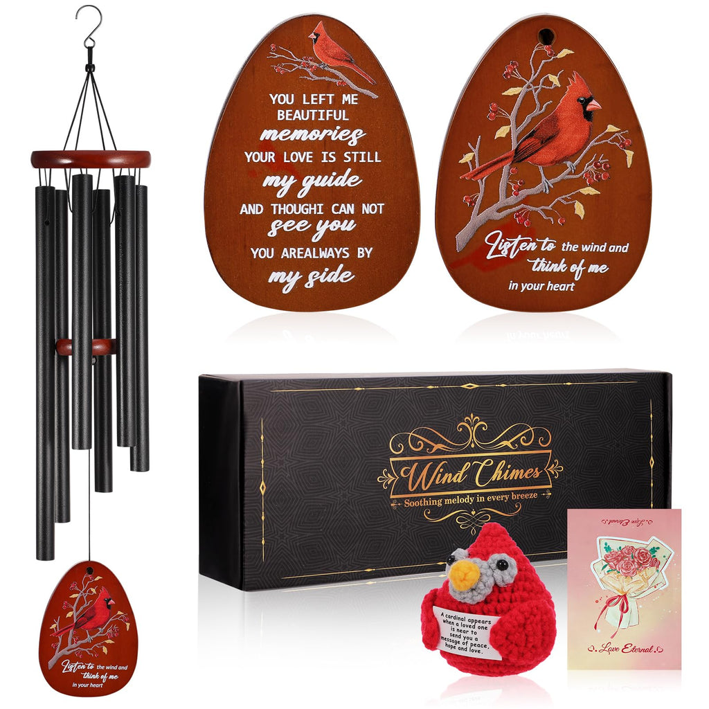 Jspupifip Memorial Sympathy Wind Chimes for Loss of Loved One 25'' Cardinal Wind Chimes Outdoor Bereavement Condolence Gifts with Cardinal Knitted Ornament