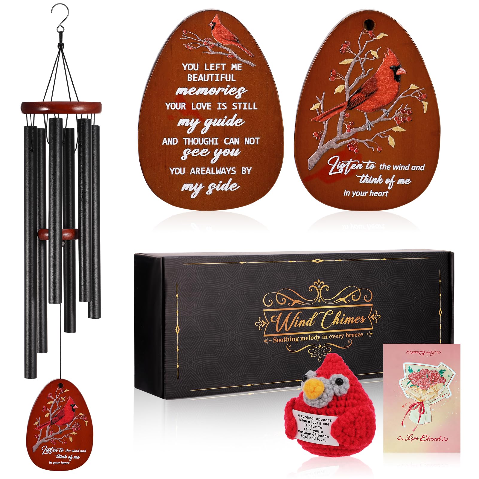 Jspupifip Memorial Sympathy Wind Chimes for Loss of Loved One 25'' Cardinal Wind Chimes Outdoor Bereavement Condolence Gifts with Cardinal Knitted Ornament
