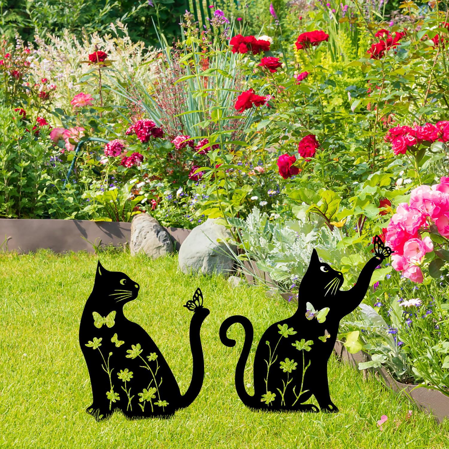 2Pcs Metal Cat Garden Statues HADEEONG Decorative Garden Stakes Black Ornaments Cat Lover Gifts for Lawn Ornaments Yard Patio Outdoor Decorations