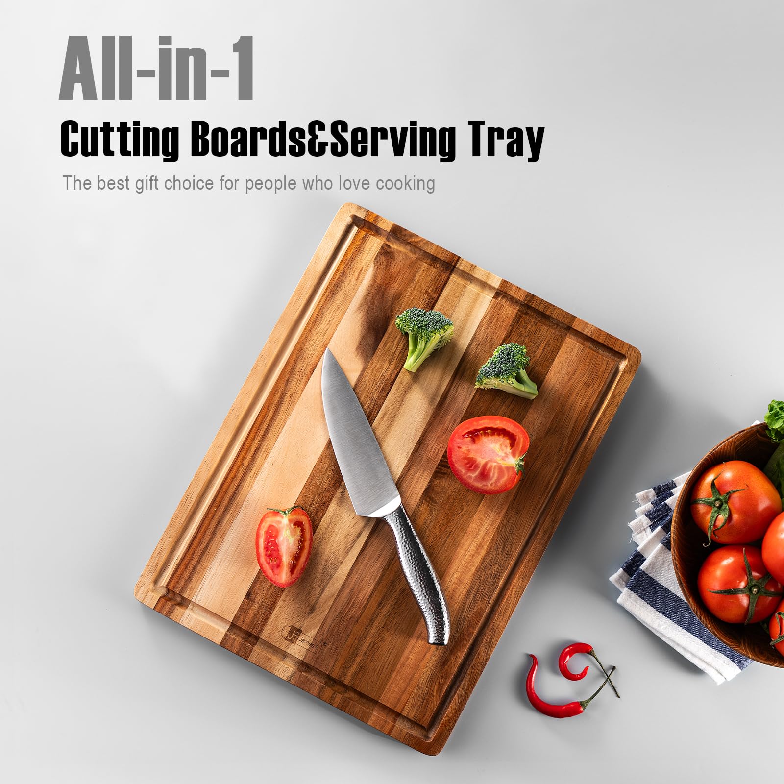 Wood Cutting Board,James.F Thick Acacia Wooden Cutting Board with Juice Groove, Reversible Charcuterie Serving Board for Kitchen, Large Chopping Board for Meat Bread Cheese(15.7” x 11.8“ x 0.7”)