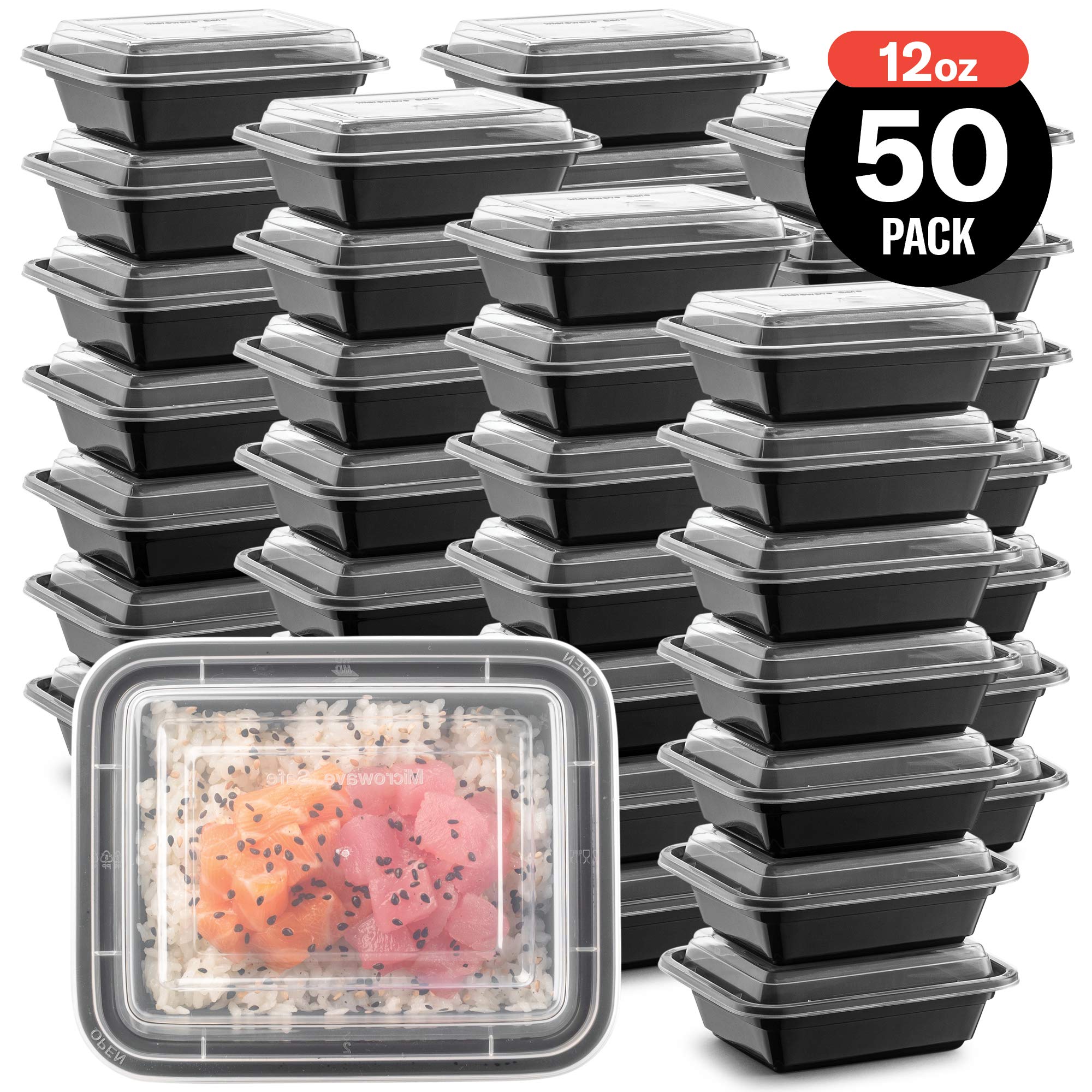 50-Pack Reusable Meal Prep Containers Microwave Safe Food Storage Containers with Lids, 12 OZ - 1 Compartment Take Out Disposable Plastic Bento Lunch Box To Go, BPA Free - Dishwasher & Freezer Safe