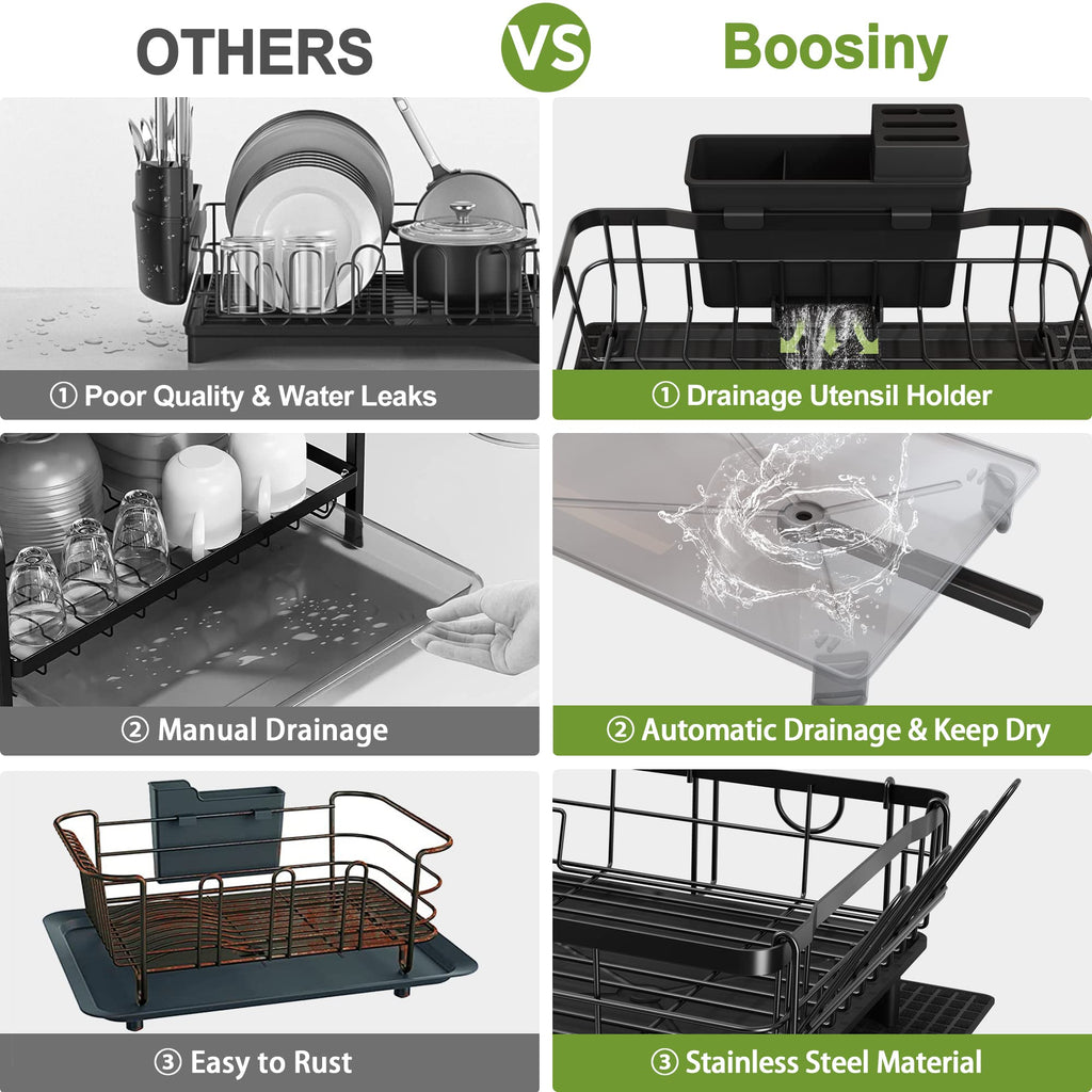 Boosiny Dish Drying Rack with Drainboard, Dish Racks for Kitchen Counter, Small Stainless Steel Kitchen Dish Drainer with Cutlery Holder, Cup Holder, Cutting-Board Holder and Extra Dry Mat