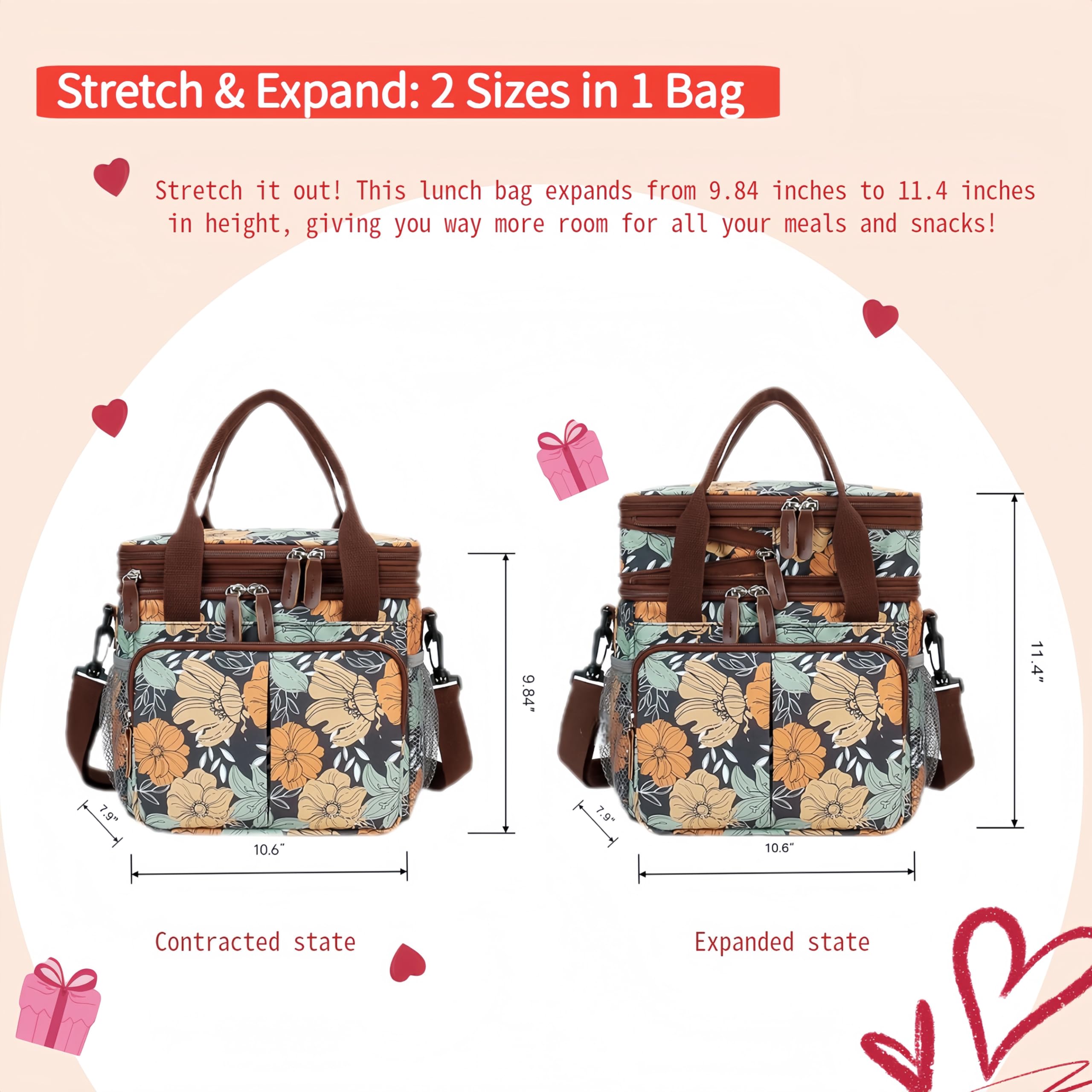 Expandable Insulated Lunch Bag for Women & Men - Large Leakproof Cooler Tote with 8 Pockets(Yellow Flowers)