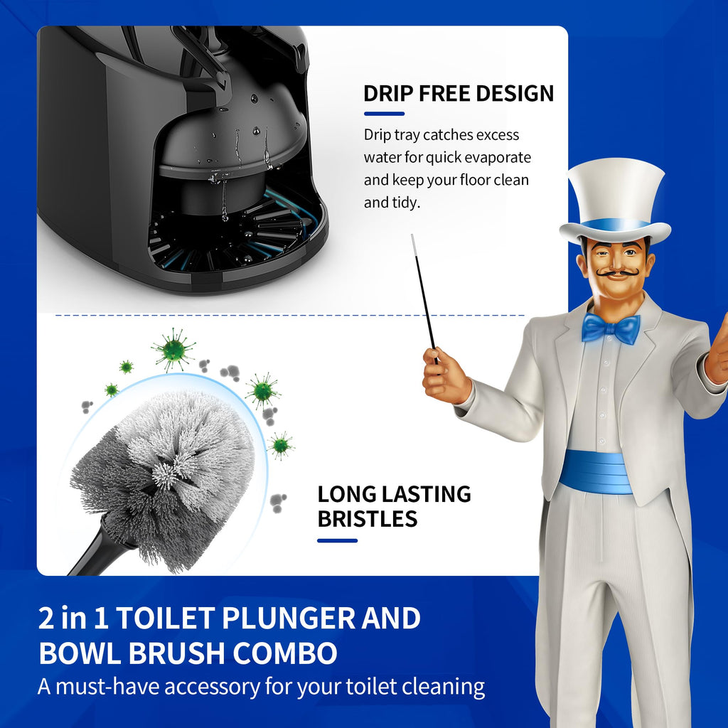 MR.SIGA Toilet Plunger and Bowl Brush with Holder, Heavy Duty Toilet Brush and Plunger Set for Bathroom Cleaning, Black, 1 Set