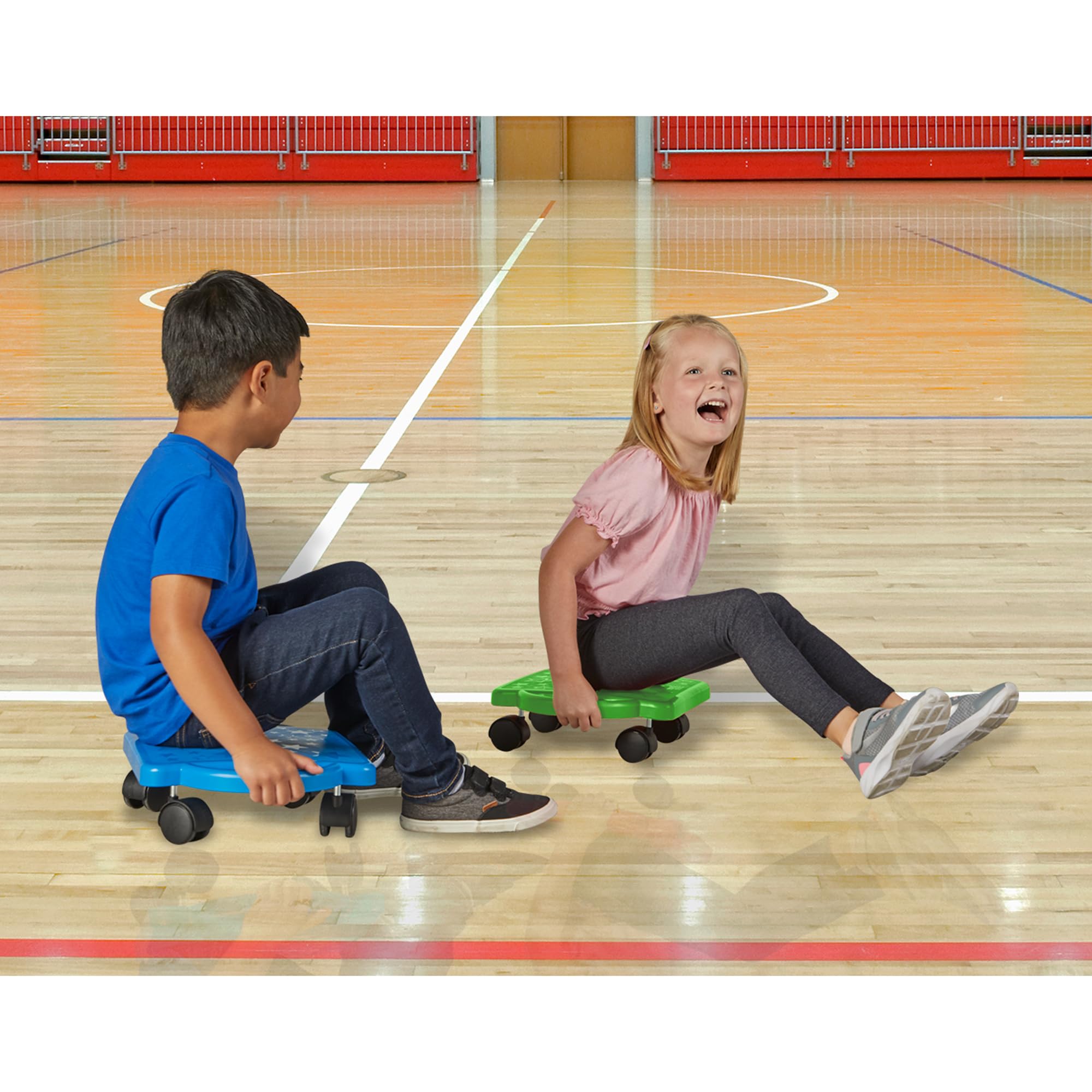 hand2mind Blue Indoor Scooter Board with Safety Handles for Kids Ages 6-12, Plastic Floor Scooter Board with Rollers, Physical Education for Home, Homeschool Supplies (Pack of 1)