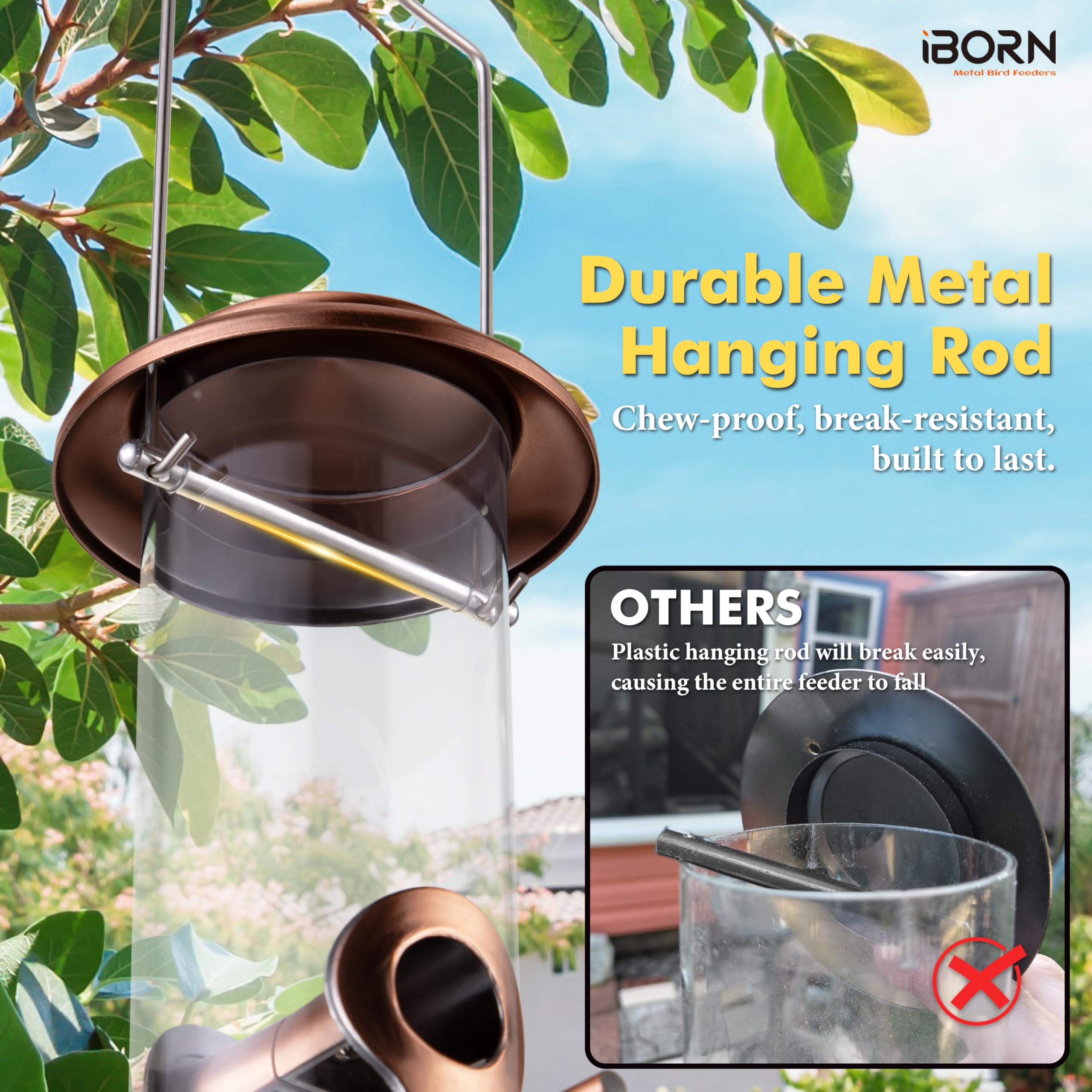 iBorn Metal Bird Feeders Brushed Copper Wild Bird Feeder for Outdoors Hanging All Metal Brushed Copper Finishing 15 Inch 6 Port,Pack of 1(Seed is not Included)