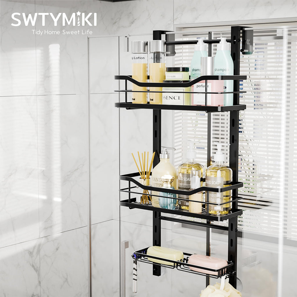 SWTYMIKI Shower Caddy Hanging Adjustable - 3 Tier No Drill Over the Door Hanging Shower Organizer Shelf with Hooks and Soap Holder, Bathroom Organizer Rust Resistant for Shampoo Razor, Black