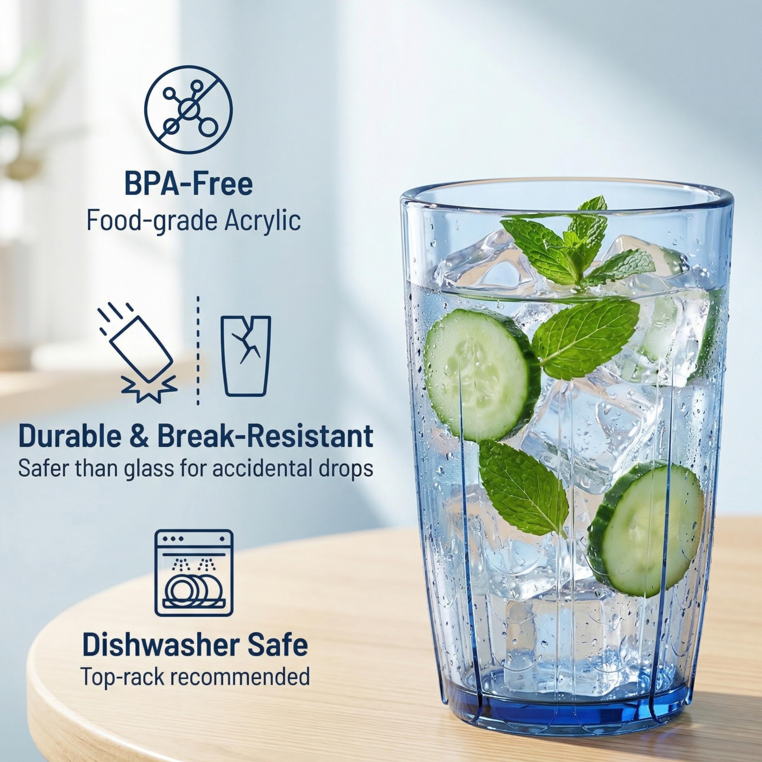 ZEAYEA Set of 6 Acrylic Drinking Cups, 14 oz Unbreakable Water Tumbler, Reusable Plastic Drinking Glasses, Stackable Beverage Tumbler for Juice, Lemonade, Ice Coffee, BPA-free, Dishwasher Safe