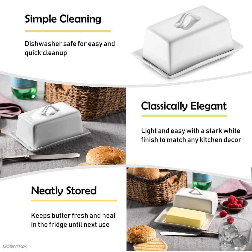 GOURMEX Classic Butter Dish with Lid | Fits One Stick of Butter | Ideal Butter Keeper for Salted, Unsalted Butter and Coconut Butter in Fridge | Ceramic White Tray Covered Butter Dish Dishwasher Safe (1 Pound)