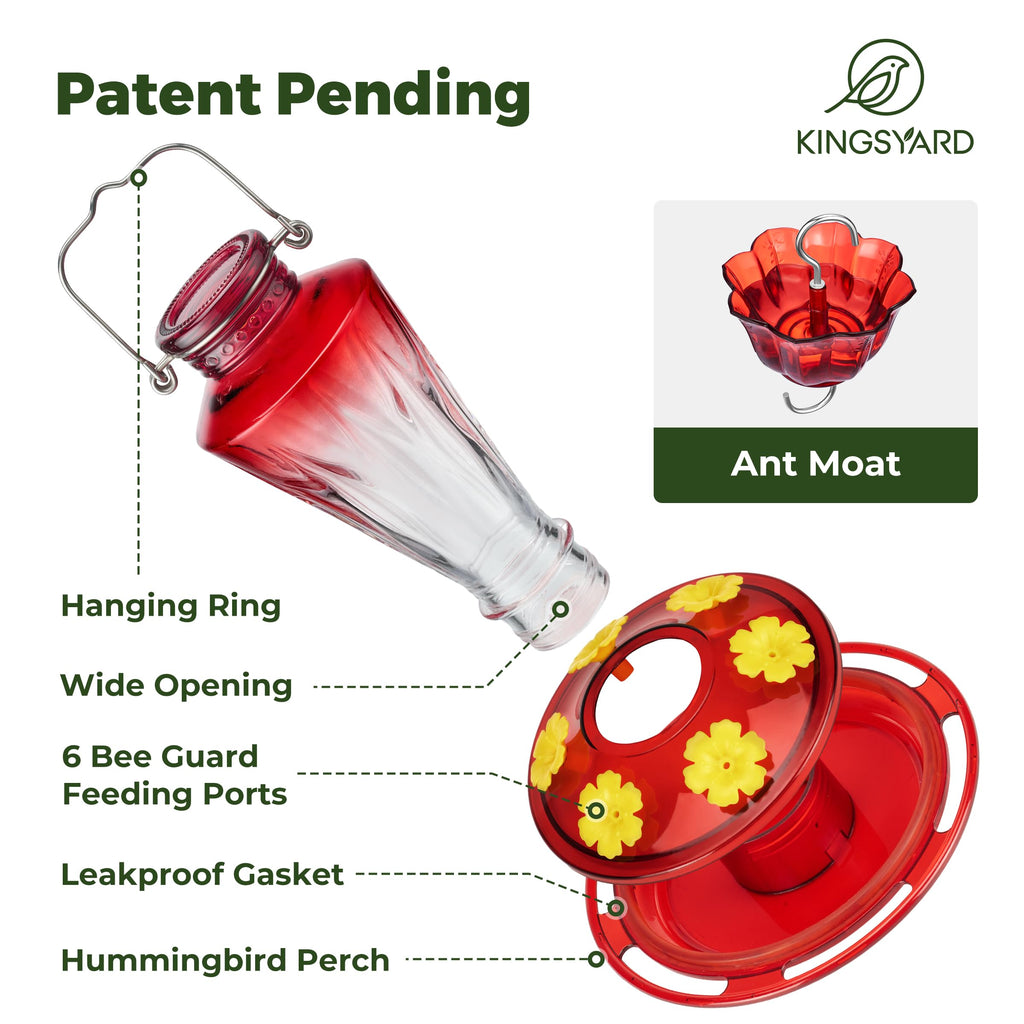 Kingsyard Glass Hummingbird Feeders for Outdoors Hanging Ant & Bee Proof, 16 Ounces Bird Nectar Feeder 6 Flower Feeding Ports, Leak Proof, Easy to Refill & Clean, Ant Moat Included, Red