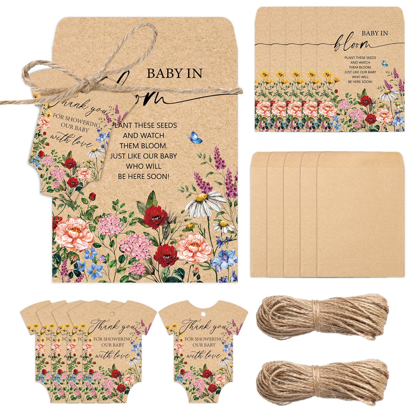 JarThenaAMCS 100Pcs Baby Shower Seed Packets Wildflower Self Adhesive Kraft Envelopes with Thank You Tags Baby in Bloom Seed Storage Pockets for Garden Party Favors Supplies