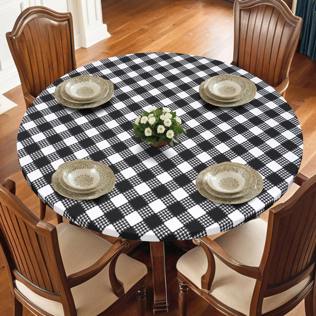 LOMOHOO Round Tablecloth with Elastic Edge Outdoor Waterproof Round Table Cloth, 36-44" Black White Buffalo Plaid Houndstooth Washable Fitted Vinyl Table Cover for Dining Kitchen Picnic Camping Party