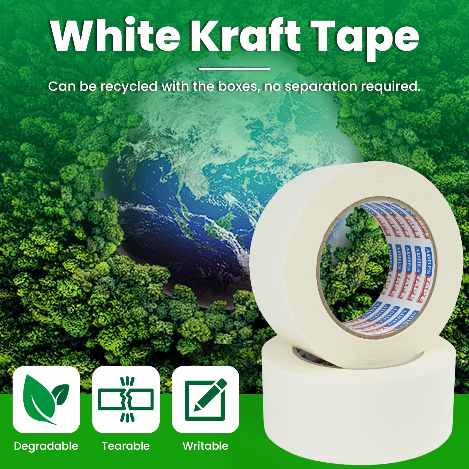 ADHES White Kraft Paper Tape, 2 Inch x 55 Yards, 3 Rolls Writable & Uncoated Heavy Duty Paper Tape, Eco-Friendly Biodegradable Packing Tape for Sealing, Packaging, Moving & Masking