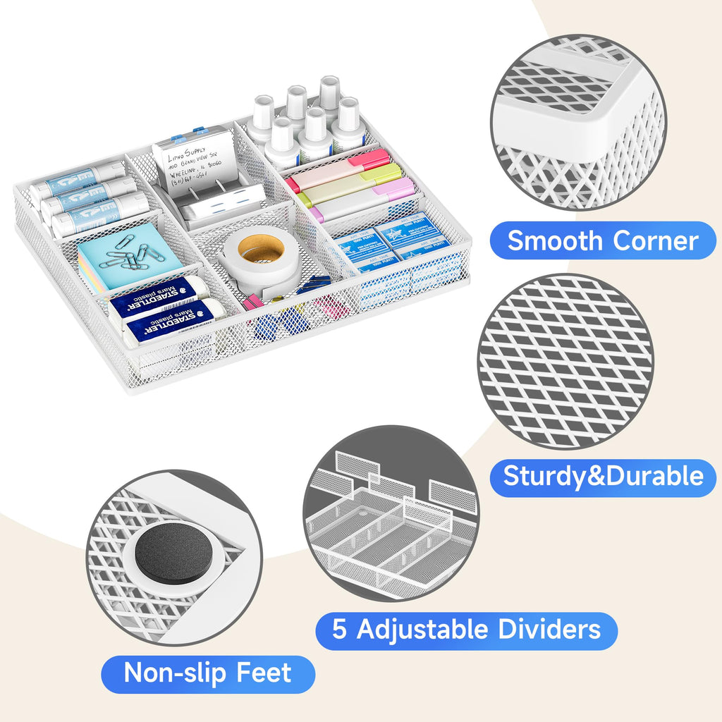 SUBEKYU Mesh Drawer Organizer Tray with 8 Adjustable Compartments, Desk Drawer Organizer for Office and Home, Stationery Storage Pen Holder Tool Tray - White
