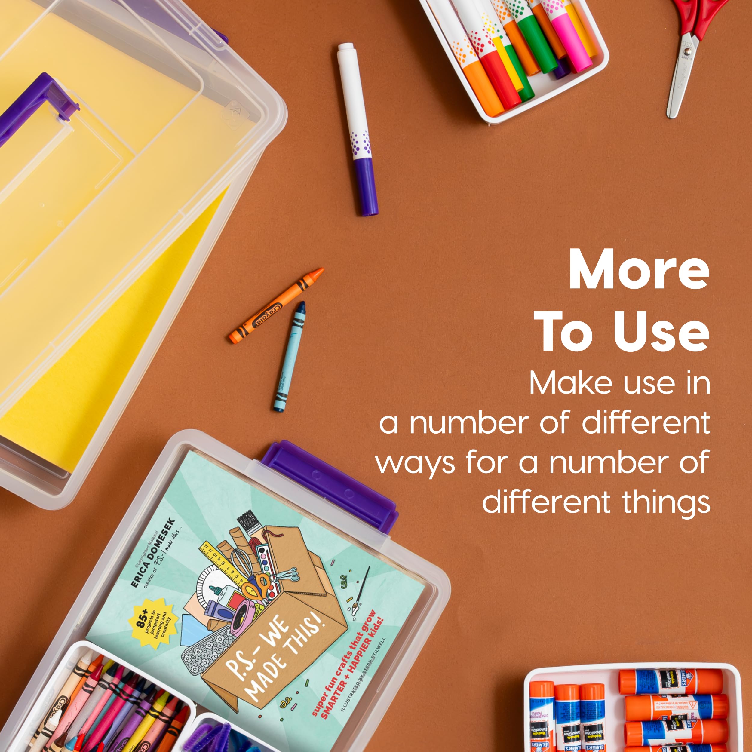 IRIS USA 8.9 L (9.4 US Qt) Large 2-Layer Portable Stack and Carry Storage Bin with Buckle-Up Lid, 4 Removable Dividers, for Arts Crafts Supplies Stationery Medicine Play-Doh Nail Polish, Clear/Violet