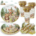 Woodland Baby Shower Decorations Plates Set 25 Guests, 125 Pcs Paper Plates Napkins Cups Cutlery Forest Animals Theme Birthday Decorations Tableware