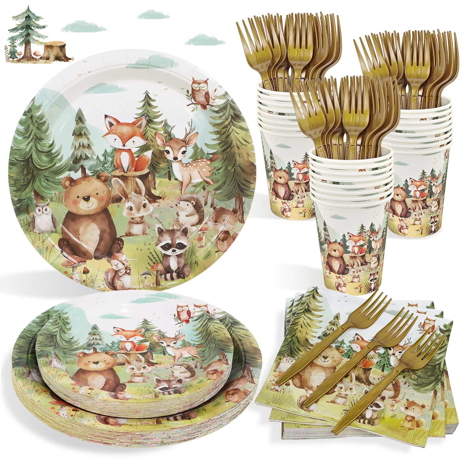 Woodland Baby Shower Decorations Plates Set 25 Guests, 125 Pcs Paper Plates Napkins Cups Cutlery Forest Animals Theme Birthday Decorations Tableware