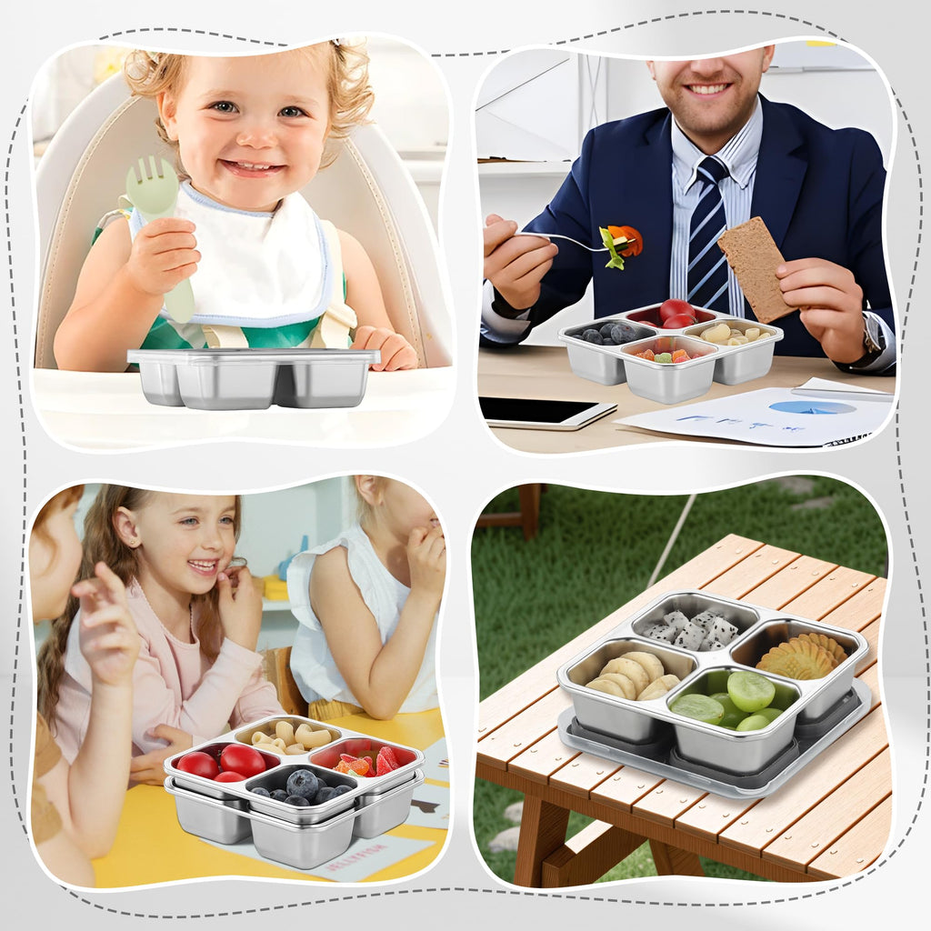 BEFOY 4 Pack Stainless Steel Snack Containers with Lids 4 Compartment Food Storage Containers for Adults & Kids Meal Prep Containers Reusablele (grey, 2)