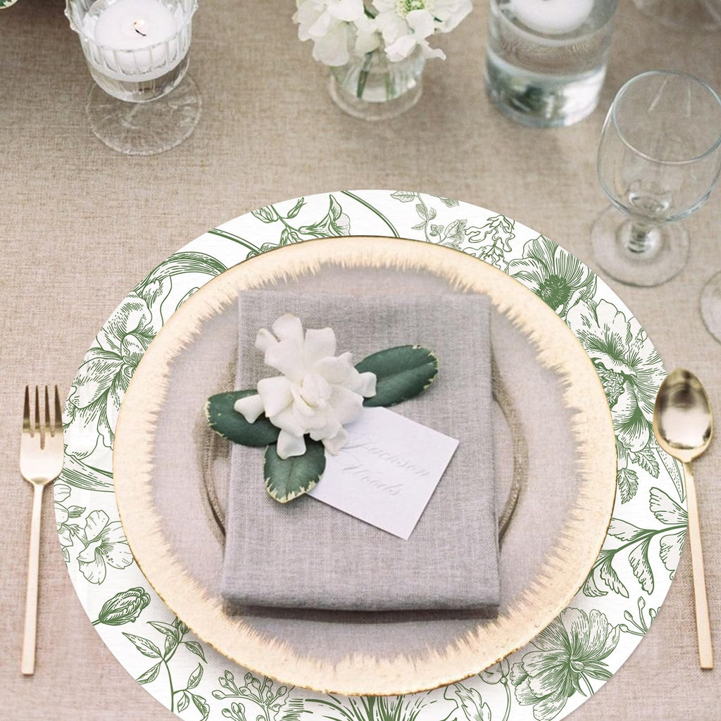 50 Pack Paper Placemats Disposable Green Floral Placemats 13.7 Inch Vintage Sage Green Flower Place Mats Chinoiserie Round Table Mats for Dinner Table Setting Birthday Wedding Party Supplies