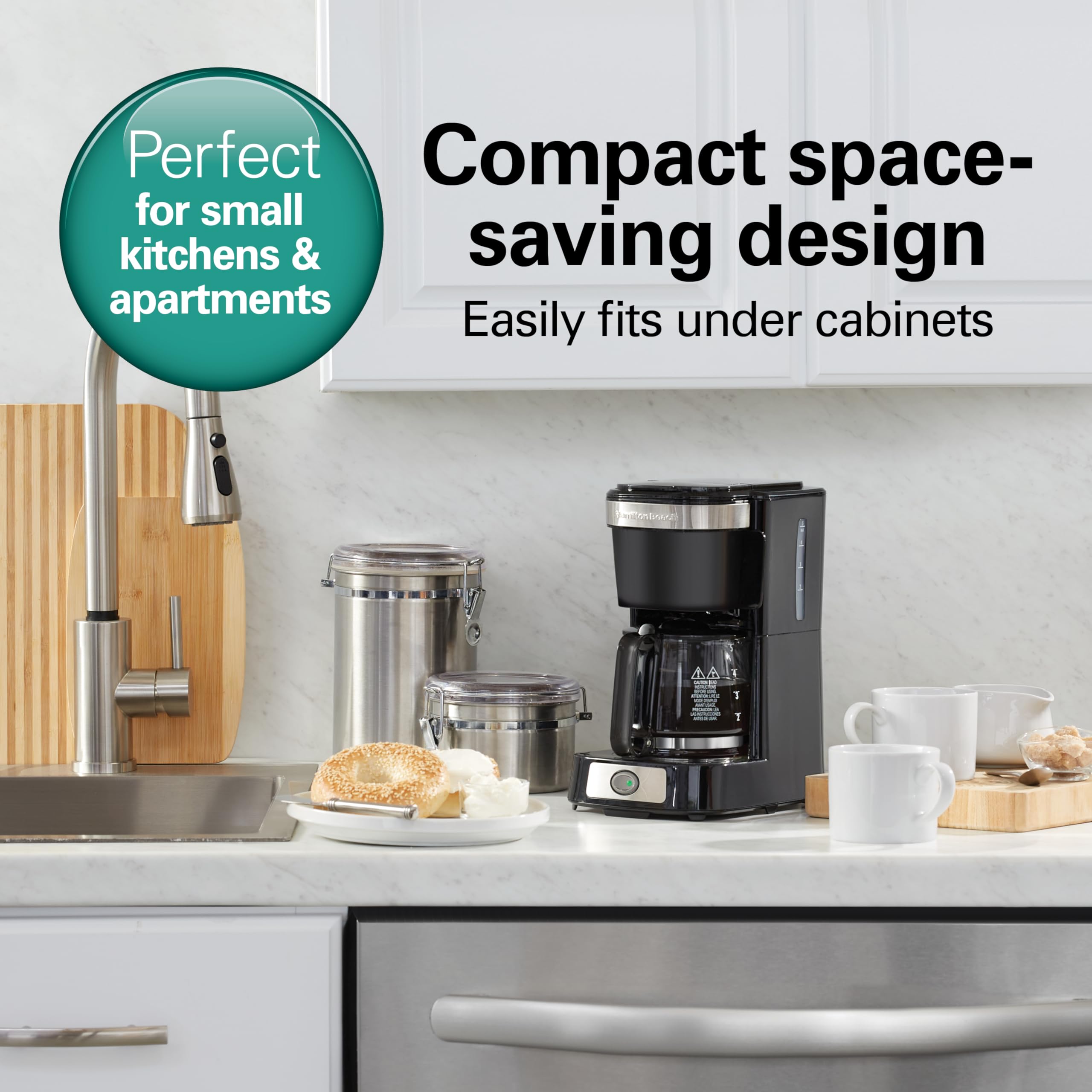 Hamilton Beach FrontFill Mini Brew 5 Cup Coffee Maker, Compact Drip Coffee Maker with Glass Carafe, Auto Pause & Pour, Illuminated On/Off Switch, Black (46112)
