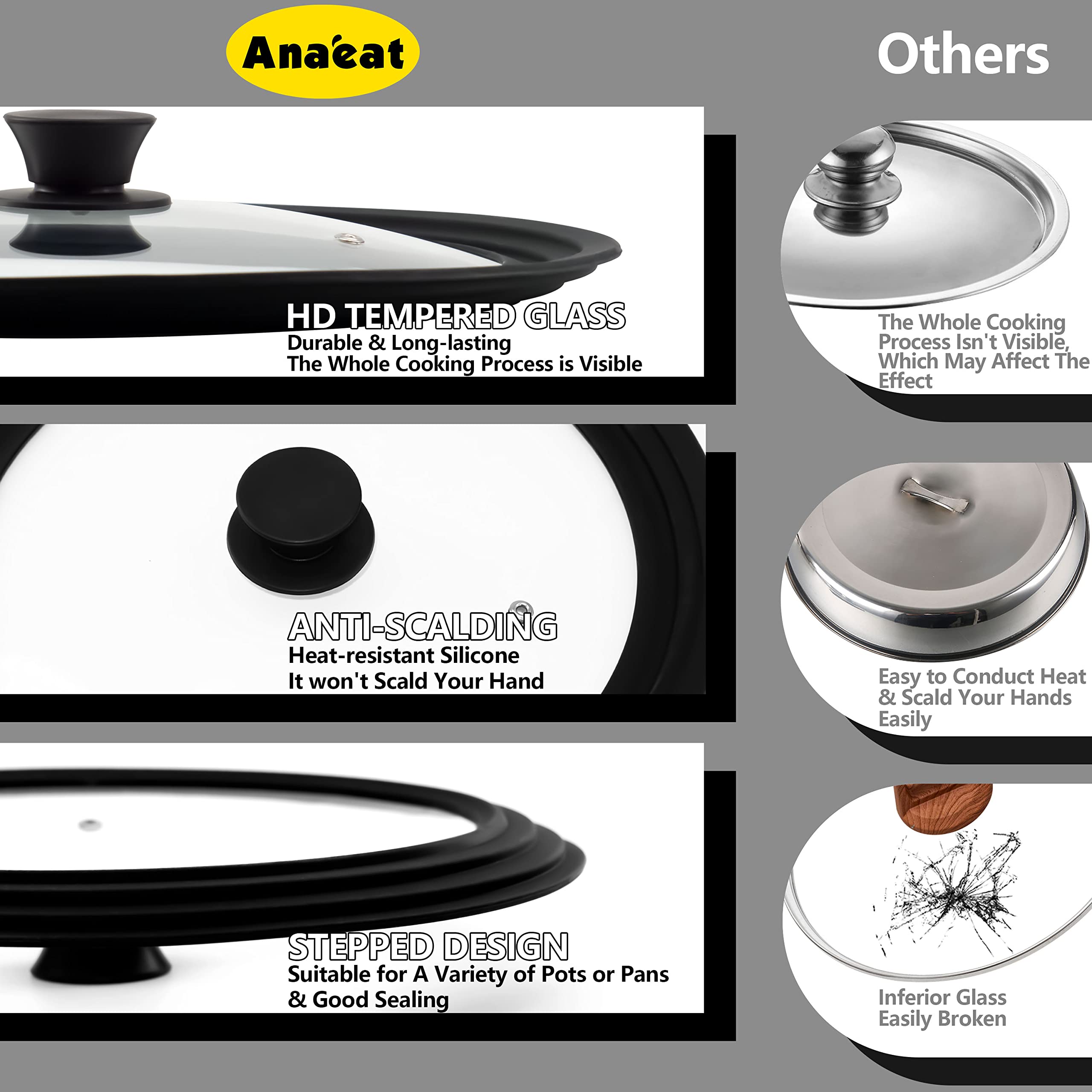 Anaeat Silicone Universal Lid for Pots, Pans and Skillets - Tempered Glass with Heat Resistant Silicone Rim Fits 10", 11" and 12" Diameter Cookware -Easy to Use Replacement Frying Pan Cover