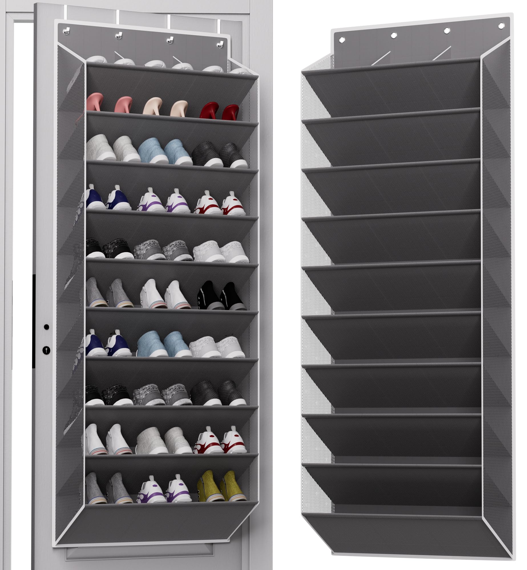 TAHAVICE 10-Tier Large Size Over The Door Shoe Organizer, Holds 30 PairsHanging Shoe Rack with Deep Pockets for Closet, Space-Saving Storage for Sneakers, Boots (Grey)