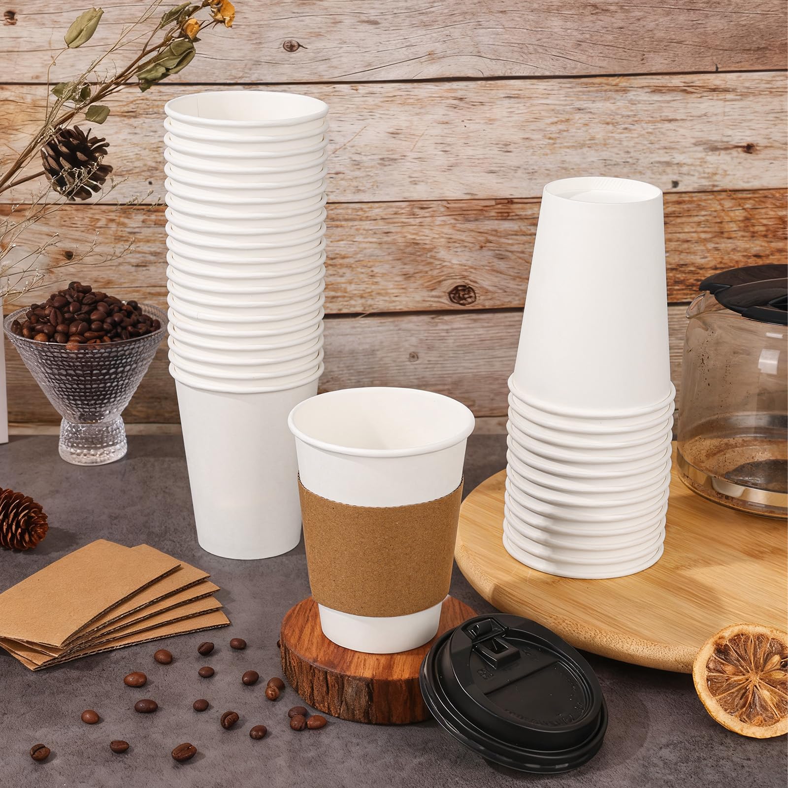 100 Pack 12oz Disposable Paper Coffee Cups with Lids & Sleeves, to Go Hot Coffee Cups for Tea Cocoa Chocolate Juice, Hot & Cold Drinking Paper Cup Bulk for Cafes Home Office Travels Parties