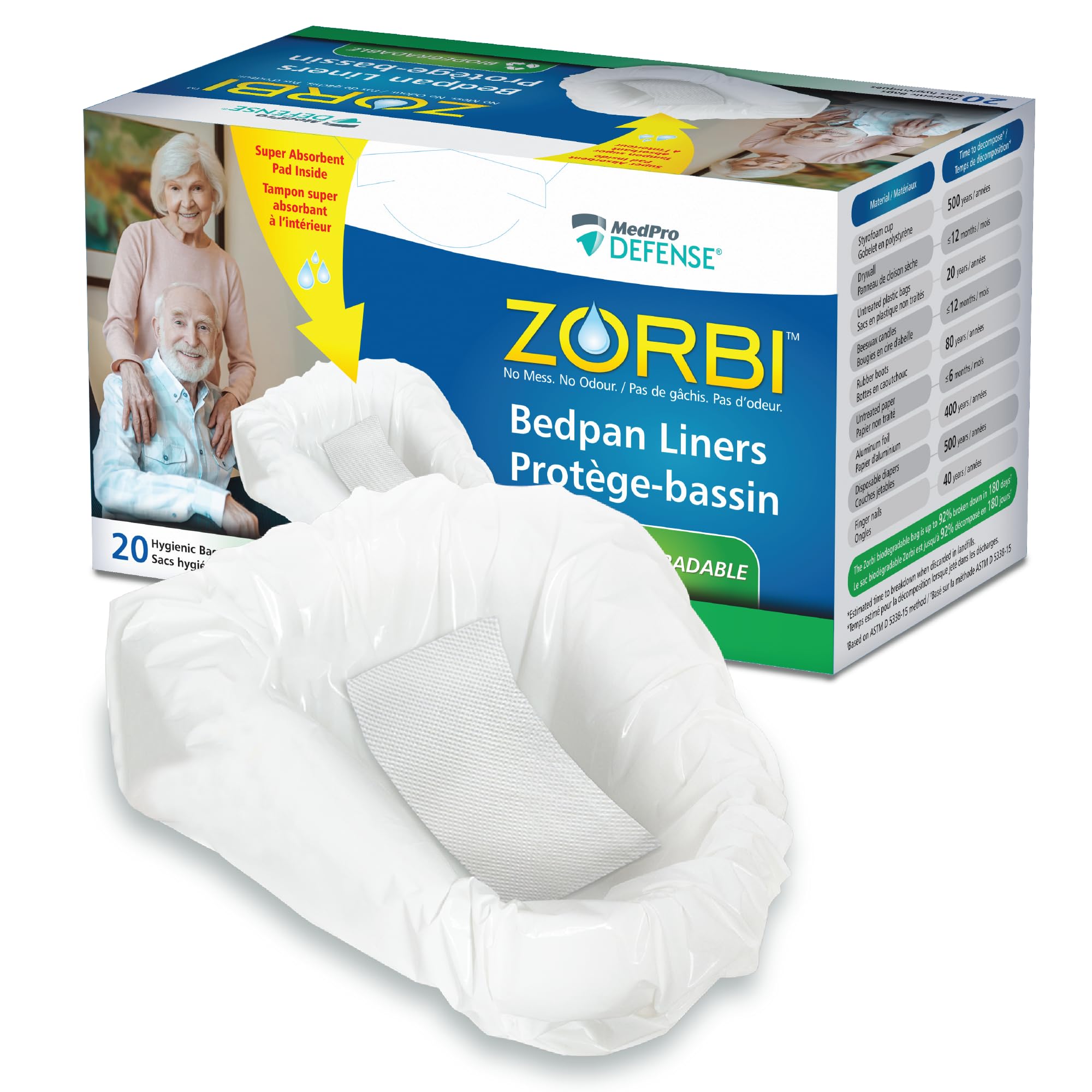 Zorbi Biodegradable Commode and Bedpan Liner Bags with Super Absorbent Pads, White, 20 Count