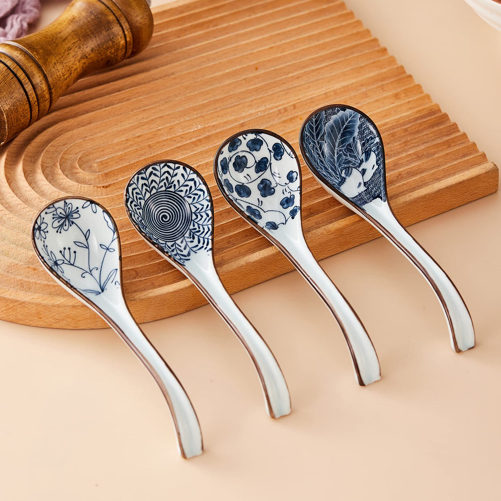 Asian Soup Spoons Set of 4, Ceramic Ramen Soup Spoon with Long Hook Handle, Deep Asian Spoon for Pho, Chinese Wonton, Dumplings, Japanese Miso, Udon, Dishwasher Safe, Blue and White