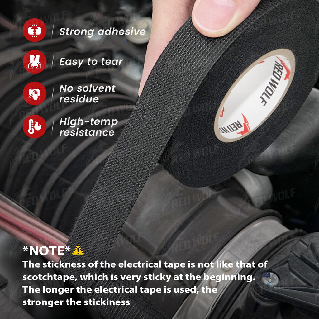 RED WOLF 1 Inch x 50 FT Wiring Harness Cloth Tape 3 Rolls Electric Wire Loom Harness Flexibility High Abrasion Resistance Adhesive for Automobile Electrical Engine Noise Dampening Insulation, Black