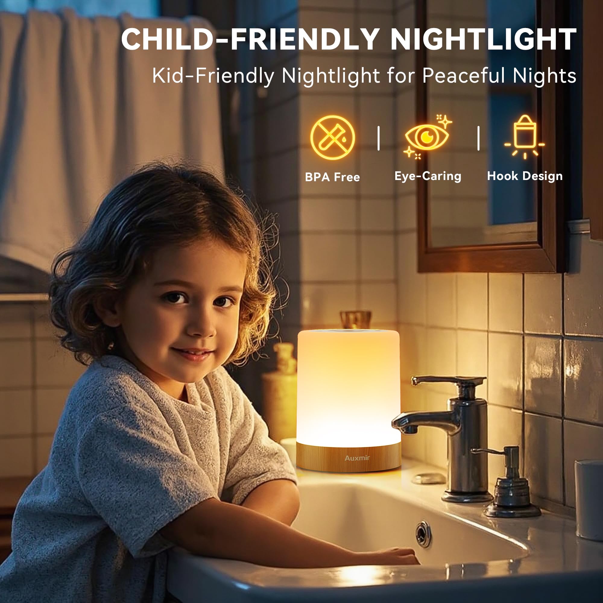 Auxmir LED Night Light for Kids Baby Bedside Lamp Touch Dimmable Tabletop RGB Colors Changing 5 Brightness Adjustable Rechargeable Portable Lamp for Bedroom Living Room Outdoor Camping