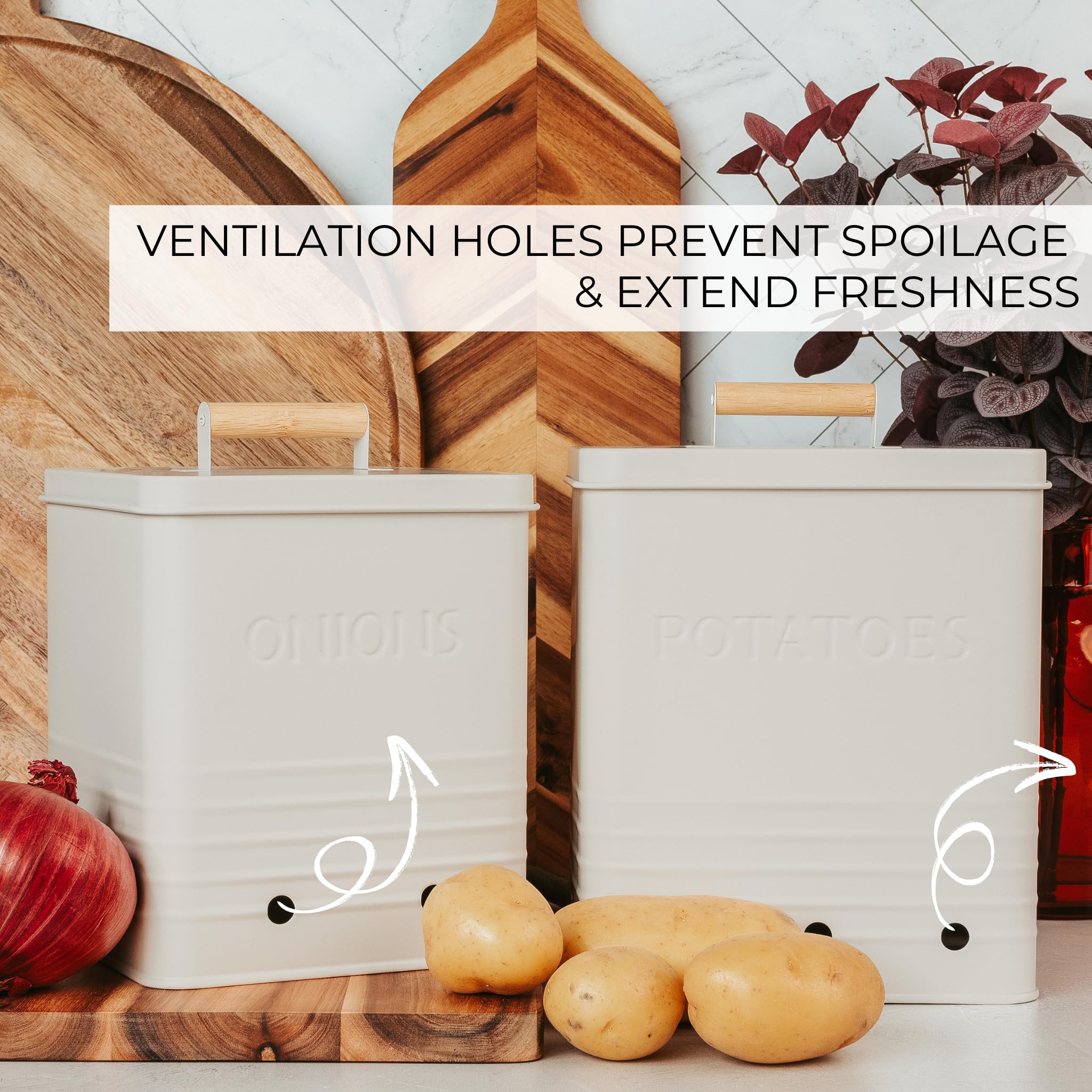 ZICOTO Beautiful Potato Storage Box Set of 2 For Kitchen Countertop - Perfect Storage Containers For Onion, Garlic, Vegetable - Food Safe Metal Holder Bin Set For Fruits