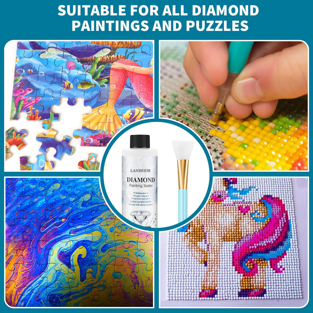 LANBEIDE Updated Diamond Painting Sealer 200ML with Silicone Brush 2 Packs, 5D Diamond Painting Glue Sealer for Diamond Art Coaster Permanent Hold & Shine Effect Conserver for Jigsaw Puzzles (14 OZ)
