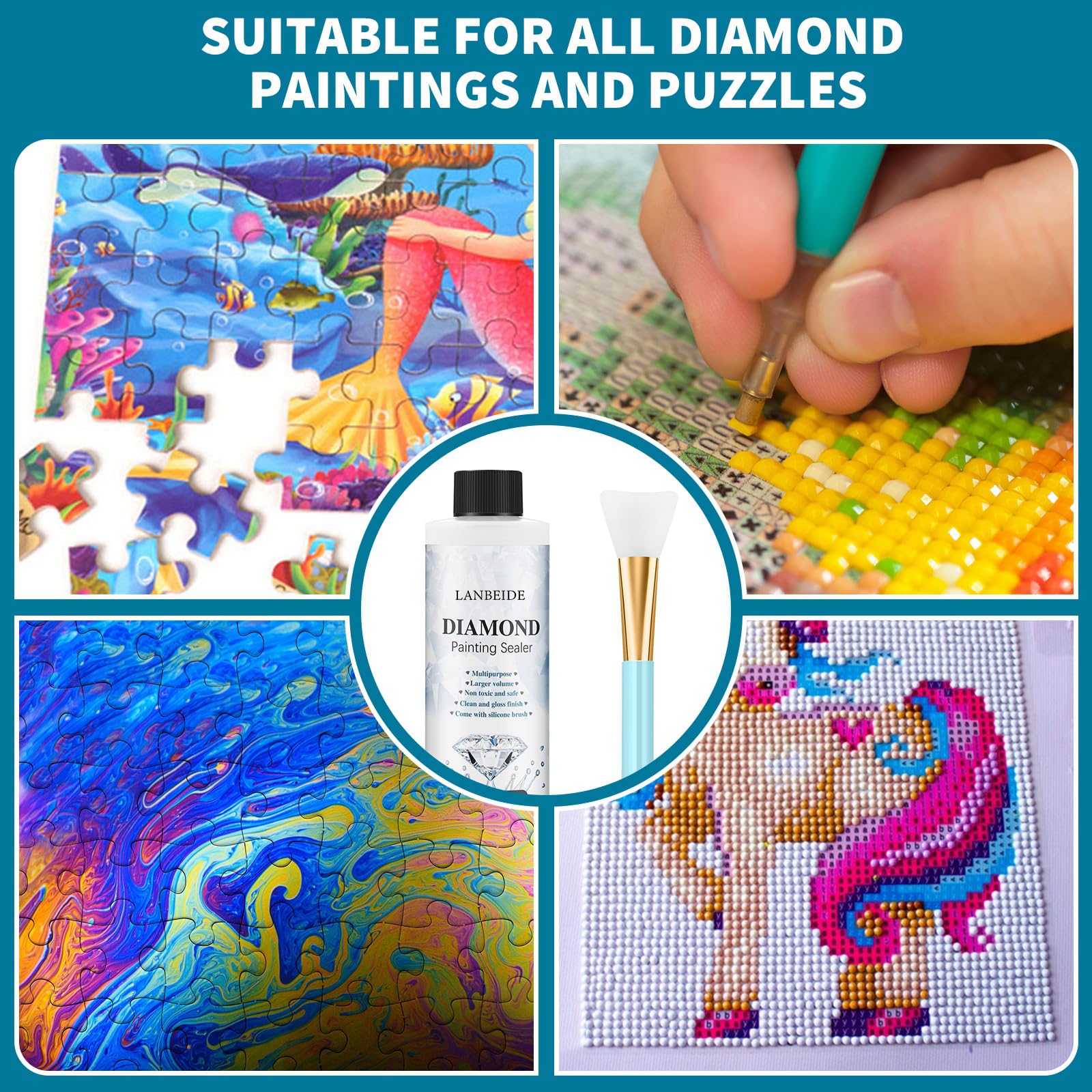LANBEIDE Updated Diamond Painting Sealer 200ML with Silicone Brush 2 Packs, 5D Diamond Painting Glue Sealer for Diamond Art Coaster Permanent Hold & Shine Effect Conserver for Jigsaw Puzzles (14 OZ)