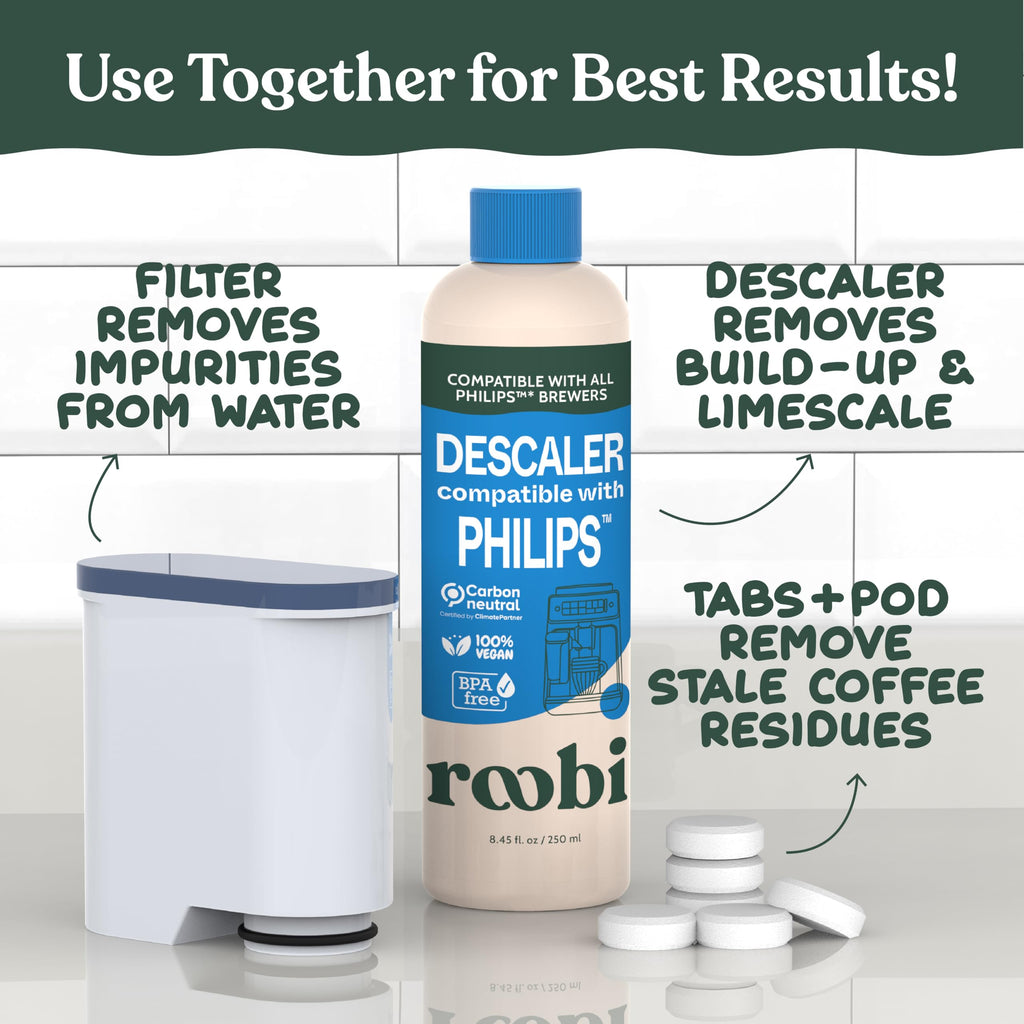 Roobi Philips Compatible Descaling Solution & Cleaner. Specially Formulated for Descaling & Cleaning Philips Coffee Machines. Carbon Neutral Philips Descaler Kit. 2 Uses per Bottle, 2 Pack