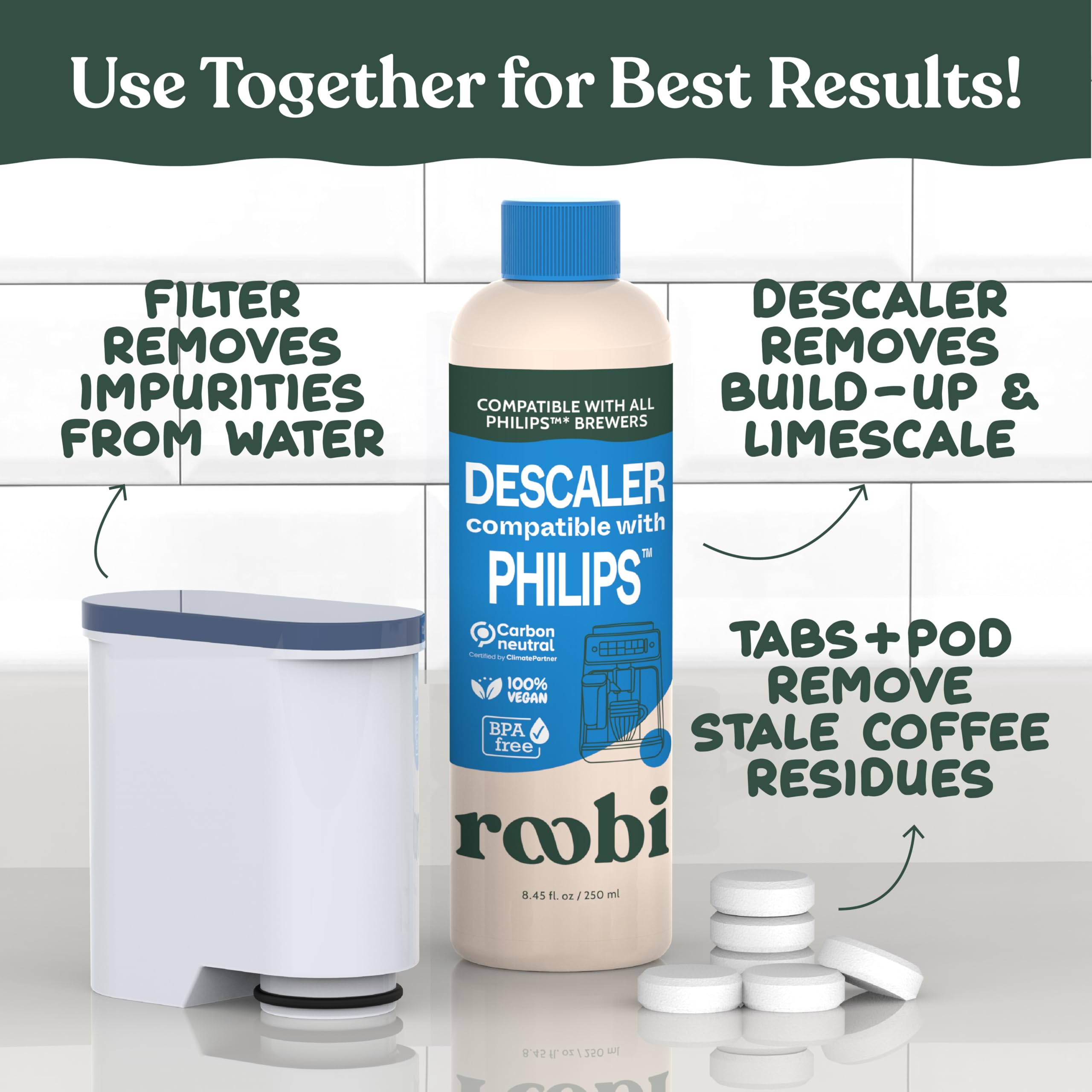 Roobi Philips Compatible Descaling Solution & Cleaner. Specially Formulated for Descaling & Cleaning Philips Coffee Machines. Carbon Neutral Philips Descaler Kit. 2 Uses per Bottle, 2 Pack
