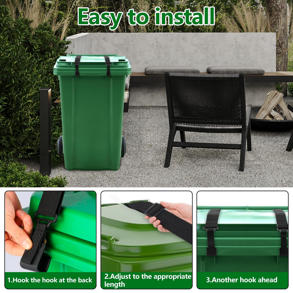 4PCS Trash Can Lid Lock for Animals, Adjustable Garbage Can Strap Lock, No Drilling Garbage Bin Lock Outdoor, Universal Trash Bin Cord Strap Security Against Raccoons, Prevent Tipping Over, No Tool