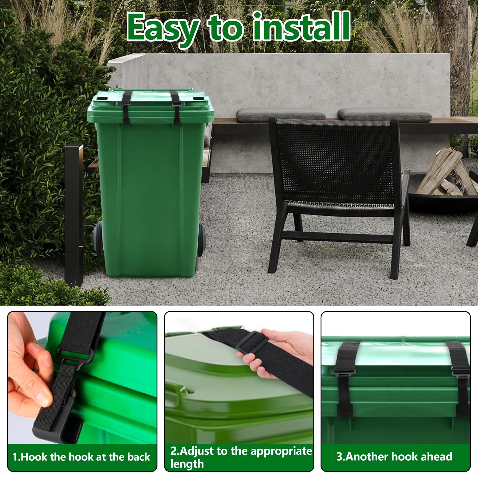 4PCS Trash Can Lid Lock for Animals, Adjustable Garbage Can Strap Lock, No Drilling Garbage Bin Lock Outdoor, Universal Trash Bin Cord Strap Security Against Raccoons, Prevent Tipping Over, No Tool