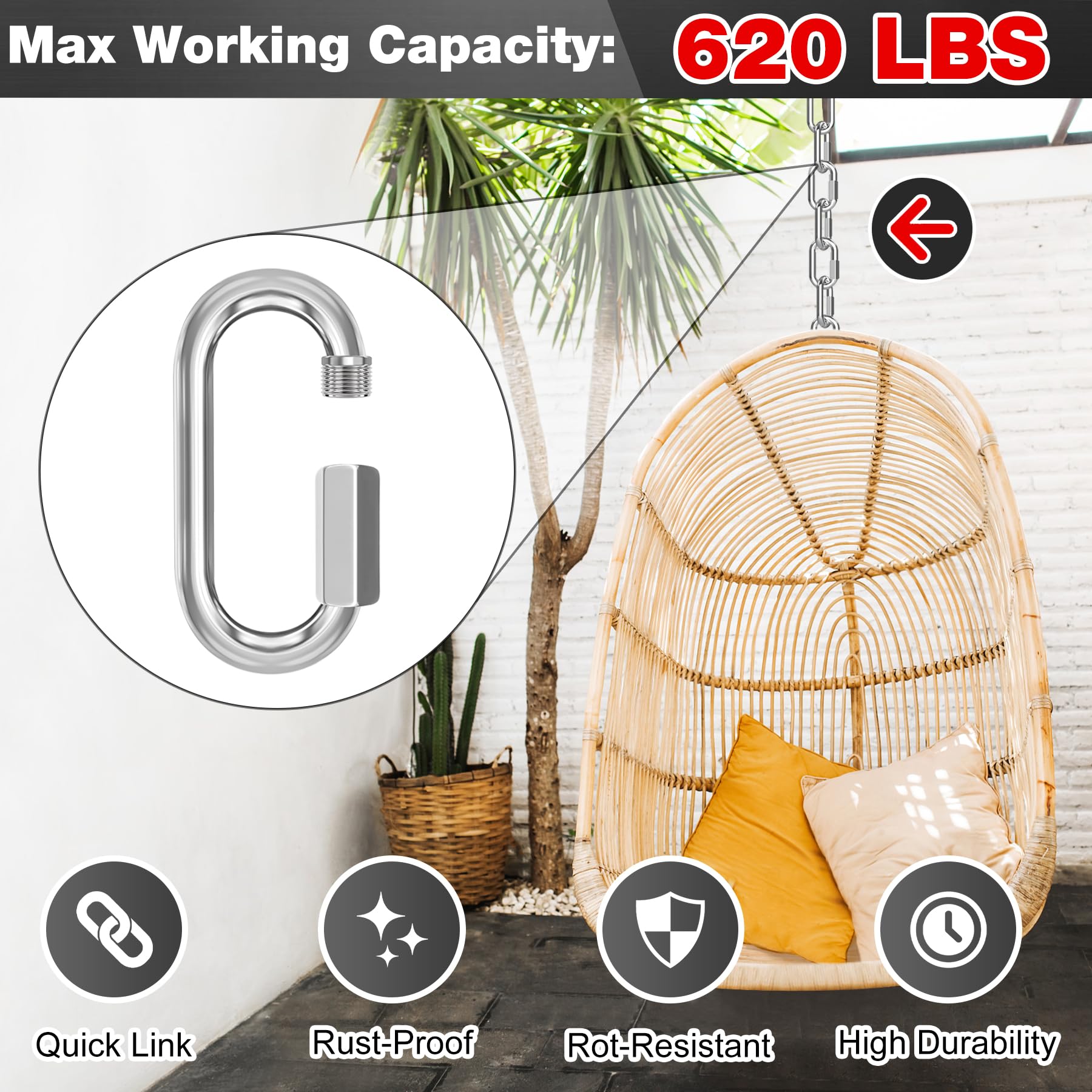 M6-50 Pack 2.3” Quick Links Chain Connectors, 1/4″ Galvanized Chain Locking Carabiners Hooks, 620LBS Heavy Duty Thread Quick Link Clips, Twist Oval Keychain D Shape for Swing, Camping