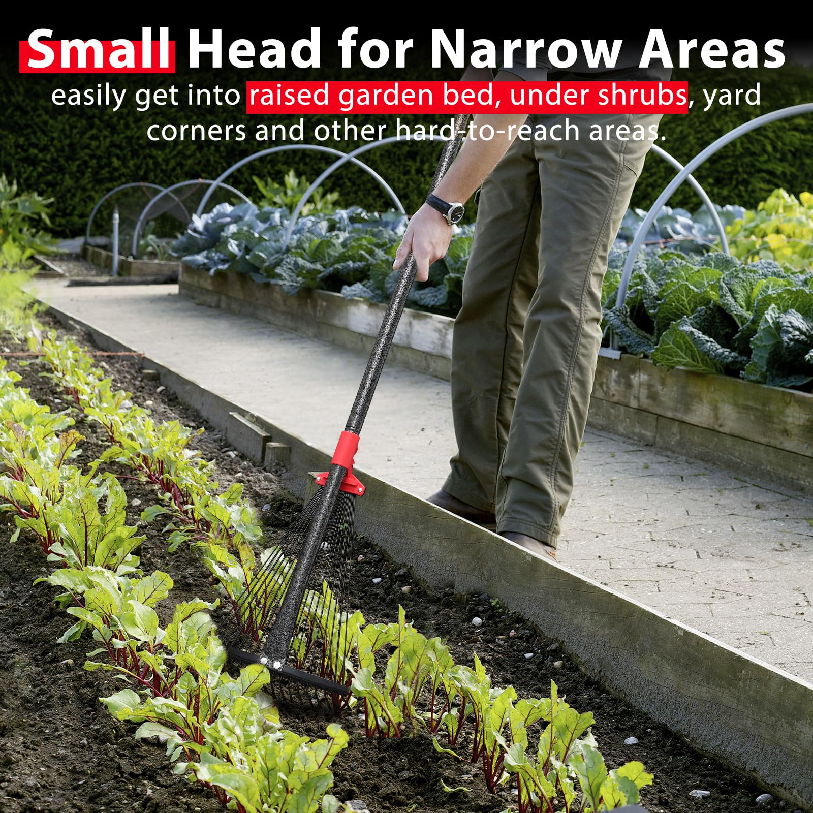 Rake, Adjustable Rakes for Leaves with 9”-17” Head, Rakes for Lawns Heavy Duty, 60 in Garden Rake with 18 Clog-Free Tines, Long Handle, Metal Gardening Tool, Fast Cleanup, Easy Carry for Camping
