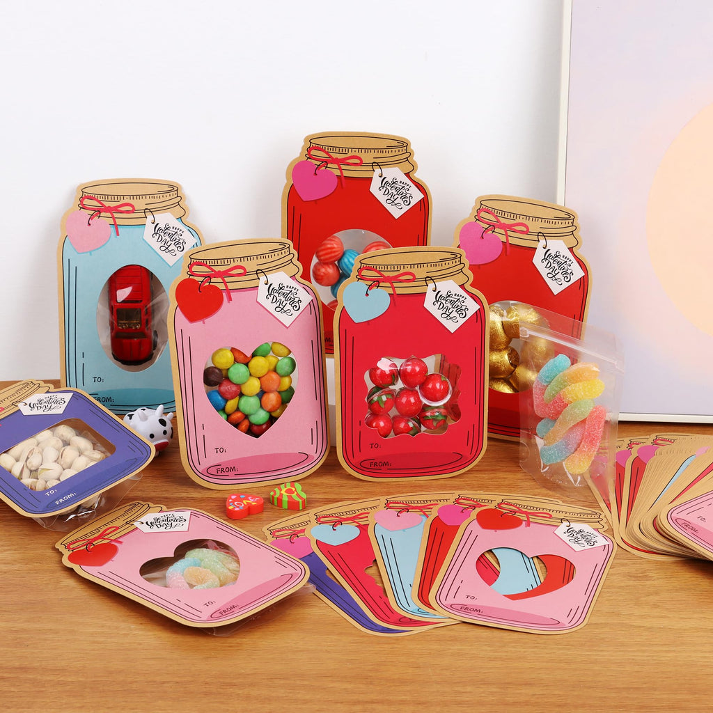 Giiffu 50 Pack Mason Jar Valentine Cards for Kids Classroom, 5 Color Designs DIY Valentine’s Day Cards with Treat Bags, Candy Valentines for School Exchange Party Favors (Candy Not Included)
