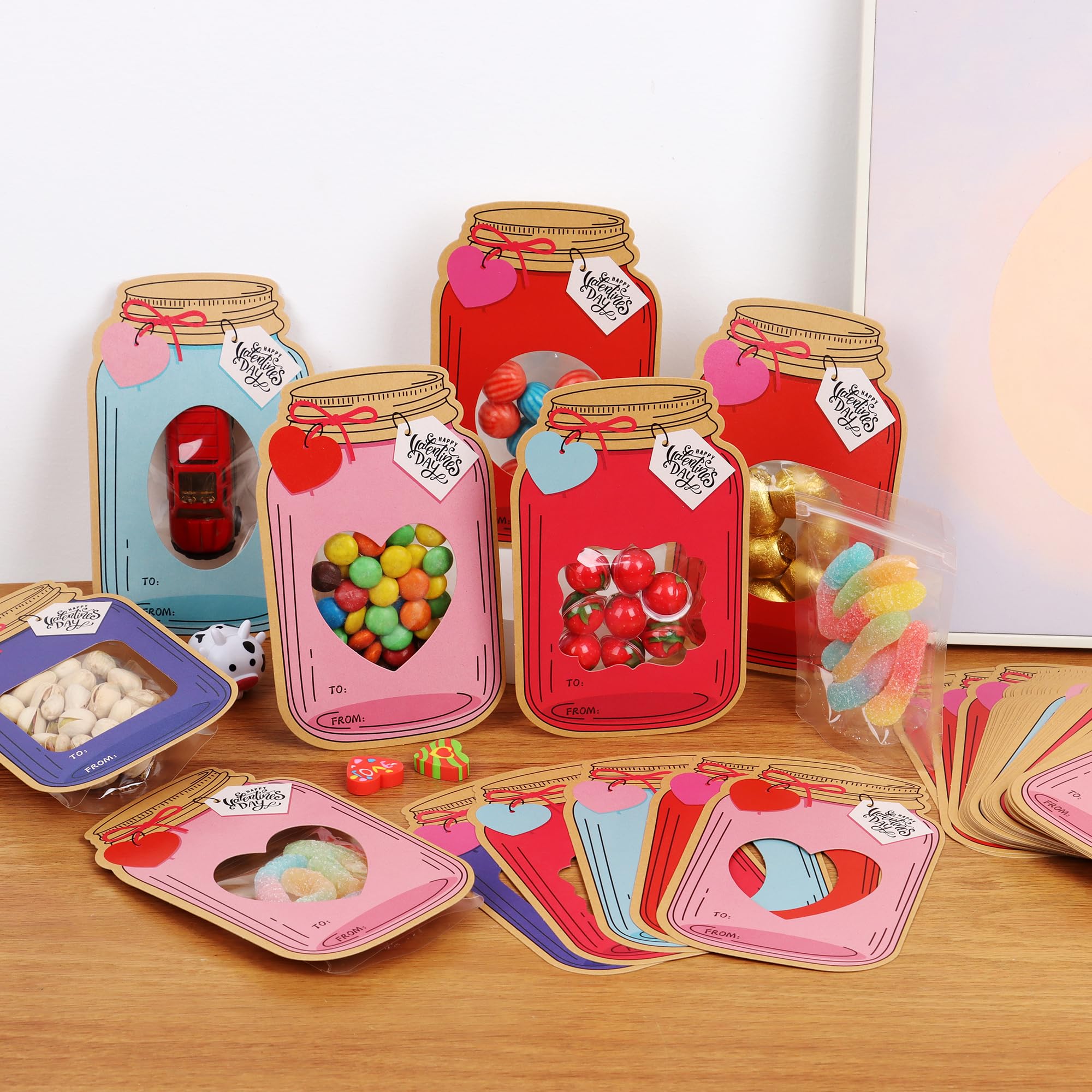 Giiffu 50 Pack Mason Jar Valentine Cards for Kids Classroom, 5 Color Designs DIY Valentine’s Day Cards with Treat Bags, Candy Valentines for School Exchange Party Favors (Candy Not Included)