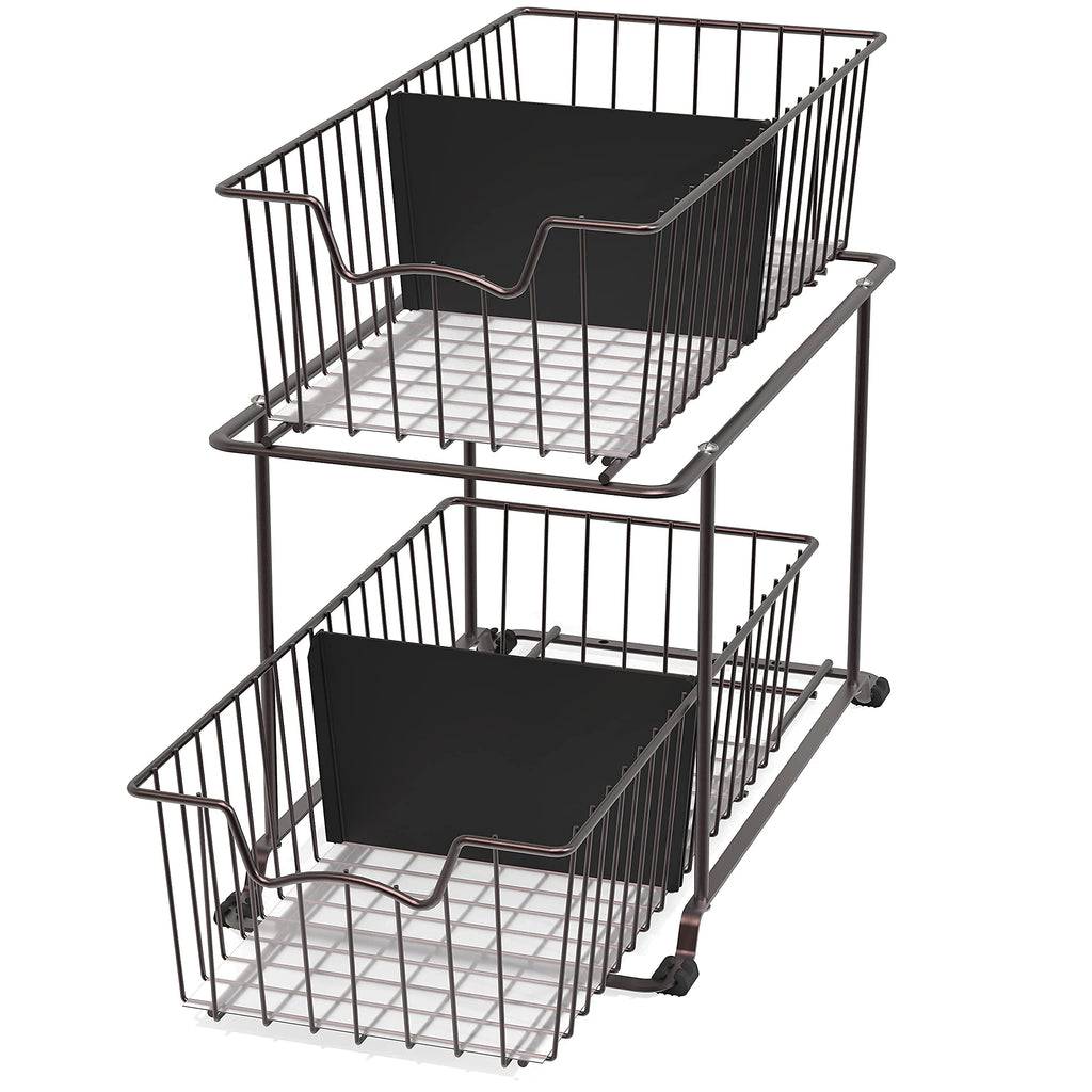 Simple Houseware 2 Tier Pull Out Cabinet Wire Basket Drawer Organizer for Under Sink, Kitchen, and Bathroom, Brown