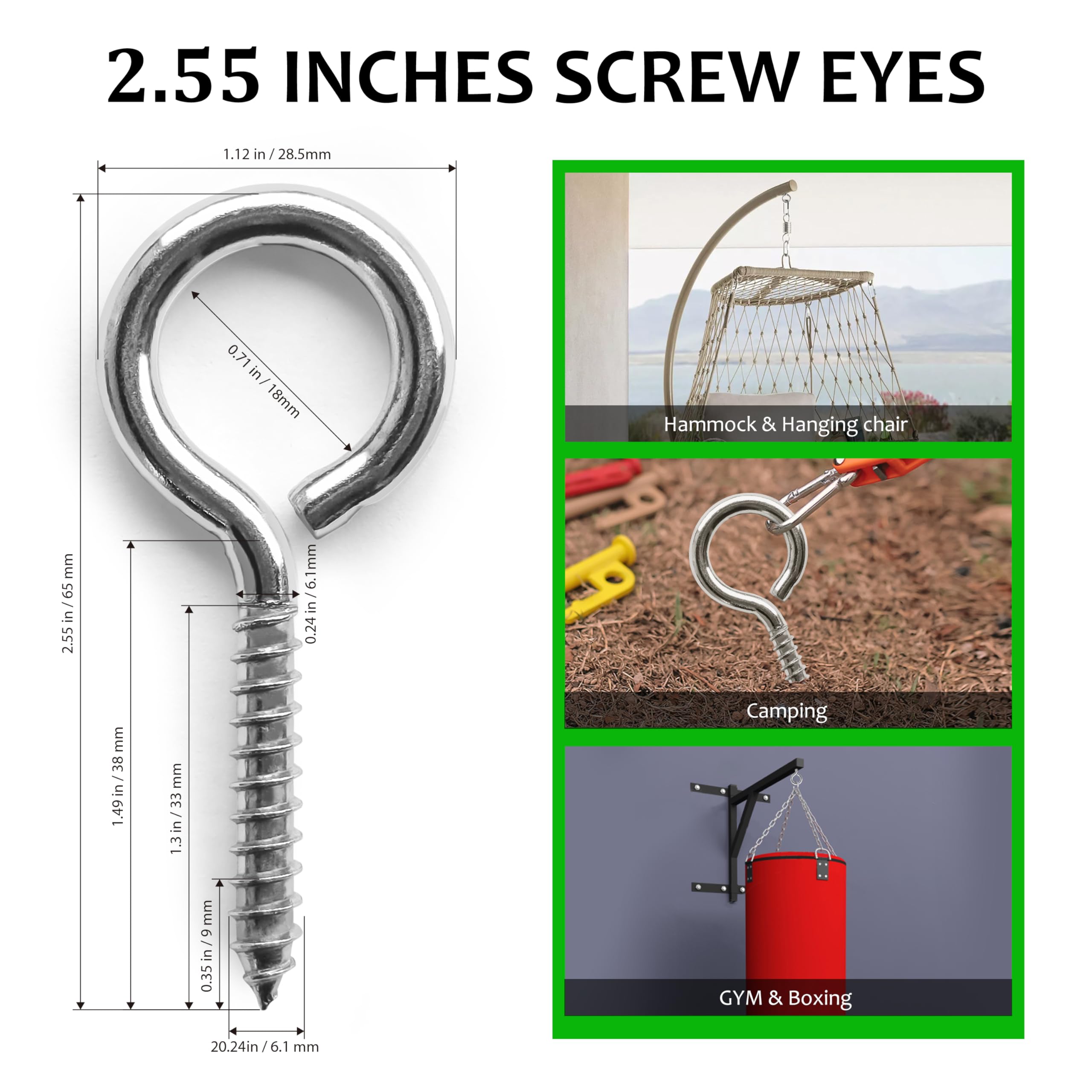 M5 20 Pcs 304 Stainless Steel Screws Eye,2.56 Inch Screw Self Tapping Eye,Load Bearing 200LB, Duty Eye Bolt for Wood Securing Cables Wire,Indoor & Outdoor Use (20, M5 2.56 Inch)