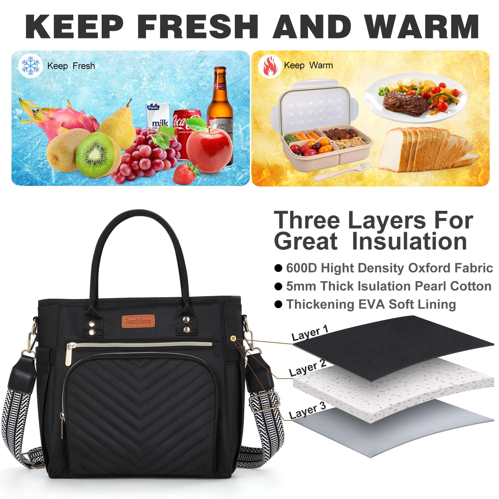 Jomddems Lunch Bag Women,Insulated Lunch Box for Women Men with Shoulder Strap,Portable Reusable Large Adults Cooler Tote Bags for Work Picnic Hiking Beach (Black)