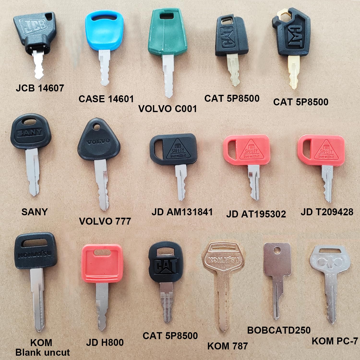 Paifeancodill 16 Pcs Construction Ignition Key Set for Heavy Equipment - Fits Volvo, Caterpillar, Komatsu, John Deere, JCB, Case Excavator - Master Key Set