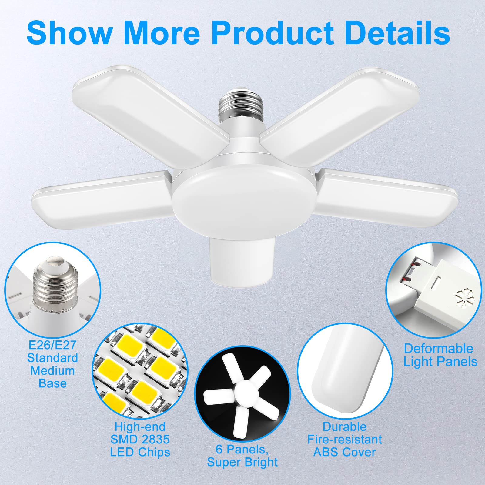Kofarrten LED Garage Lights, Super Bright 8000 LM Garage Light Bulbs, 6500K Garage Ceiling Lights with Deformable Panels for E26/E27 Base, 80W LED Shop Lights for Garage, Workshop, Warehouse (2 Packs)