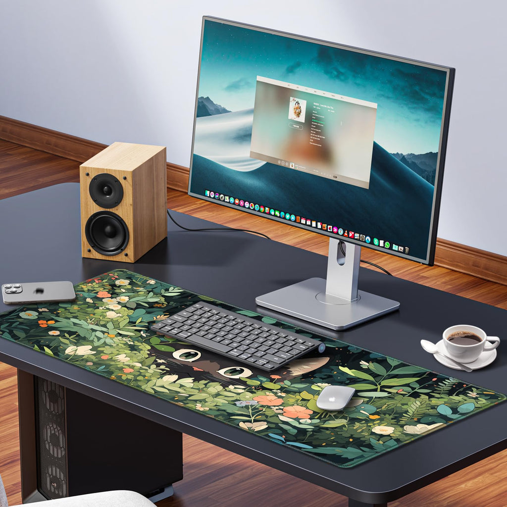Anime Cat Mouse Pad Green Desk Mat, Kawaii XXL Large Mouse Pad Keyboard with Stitched Edges Non-Slip, 35.4×15.7in Mousepad Mat for Desktop Computer Laptop Office Women Decor Game Funny