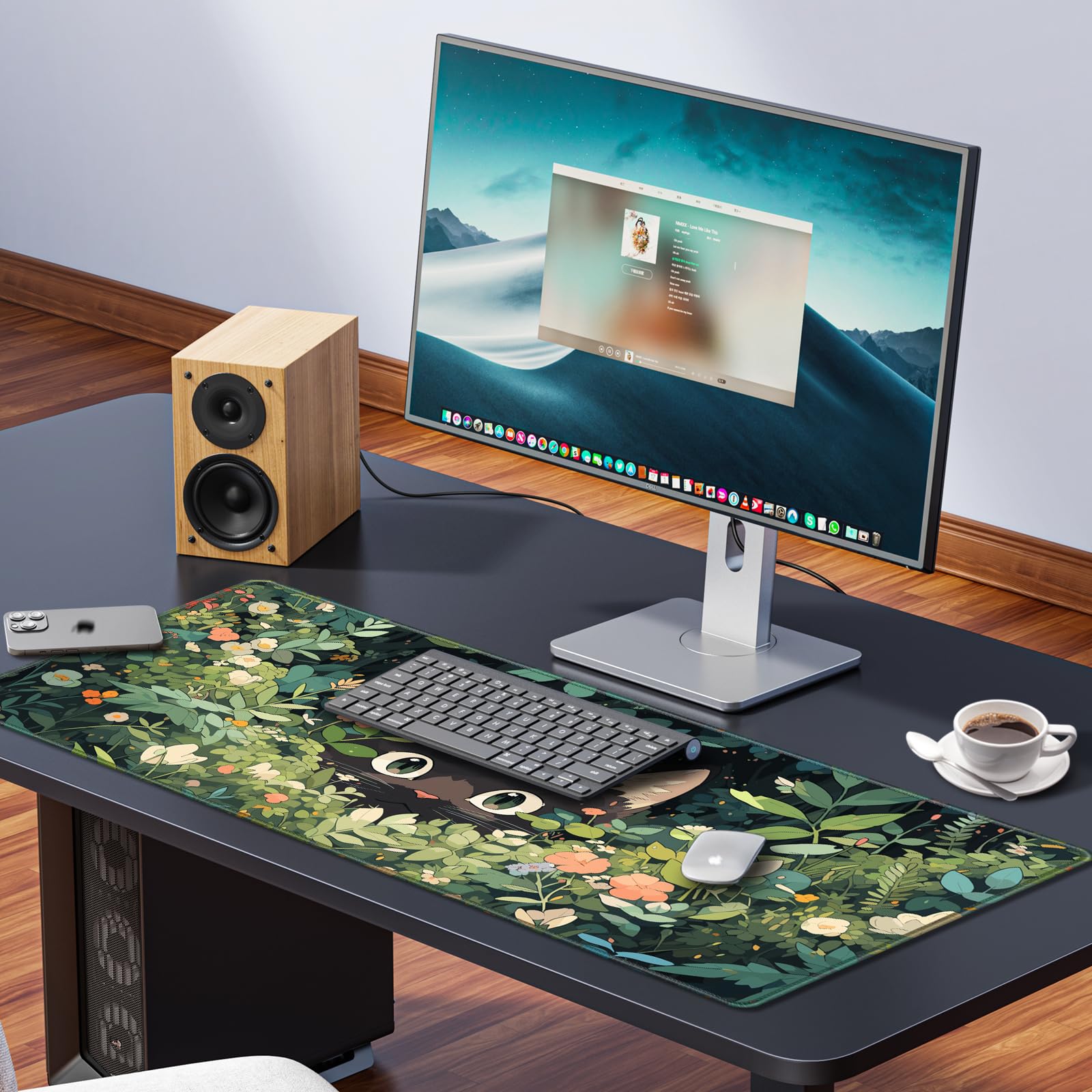 Anime Cat Mouse Pad Green Desk Mat, Kawaii XXL Large Mouse Pad Keyboard with Stitched Edges Non-Slip, 35.4×15.7in Mousepad Mat for Desktop Computer Laptop Office Women Decor Game Funny