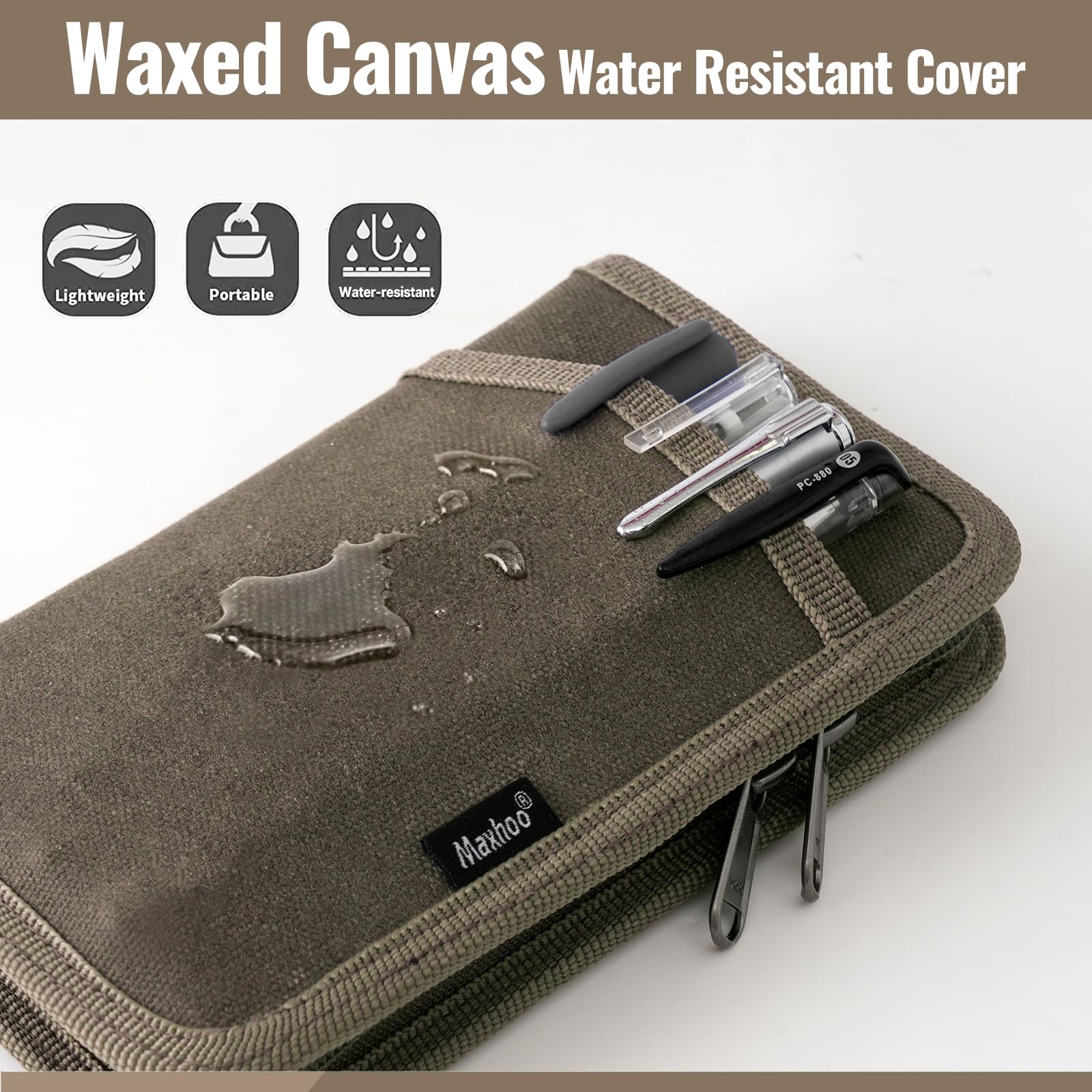 Maxhoo Journal Cover for Field Notes & Moleskine Cahier 3.5 x 5.5, Waxed Canvas Notebook Planner Sketchbook Cover with Zipper Pen Holder (Olive)